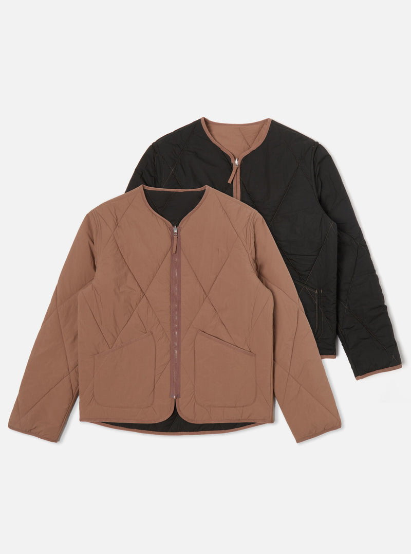 Universal Works Reversible Military Liner Jacket in Brown/Black Diamond Quilt Recycled Nylon