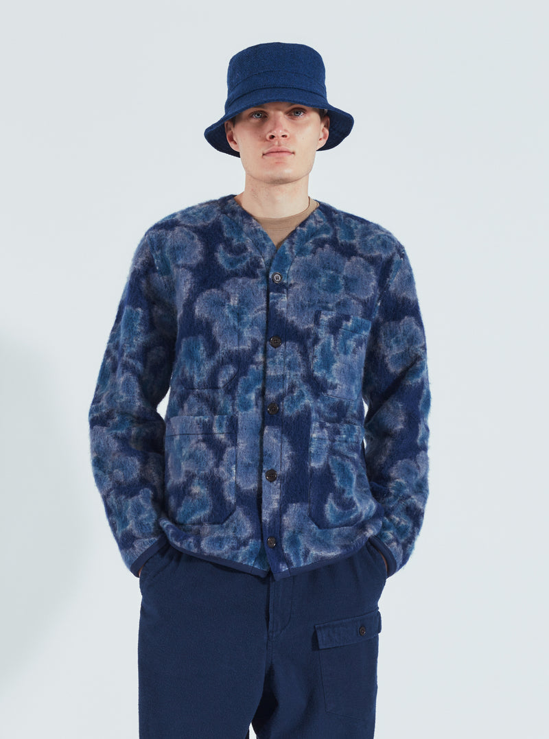 Universal Works Cardigan in Navy Flower Fleece