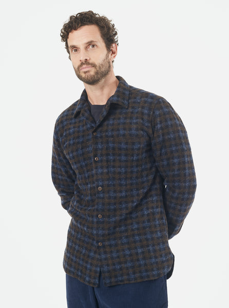 Universal Works Work Shirt in Brown/Sky Checkered Fleece