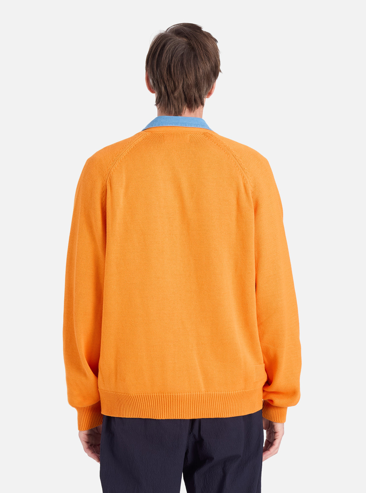 Universal Works Pocket David Cardigan in Orange Cotton Knit
