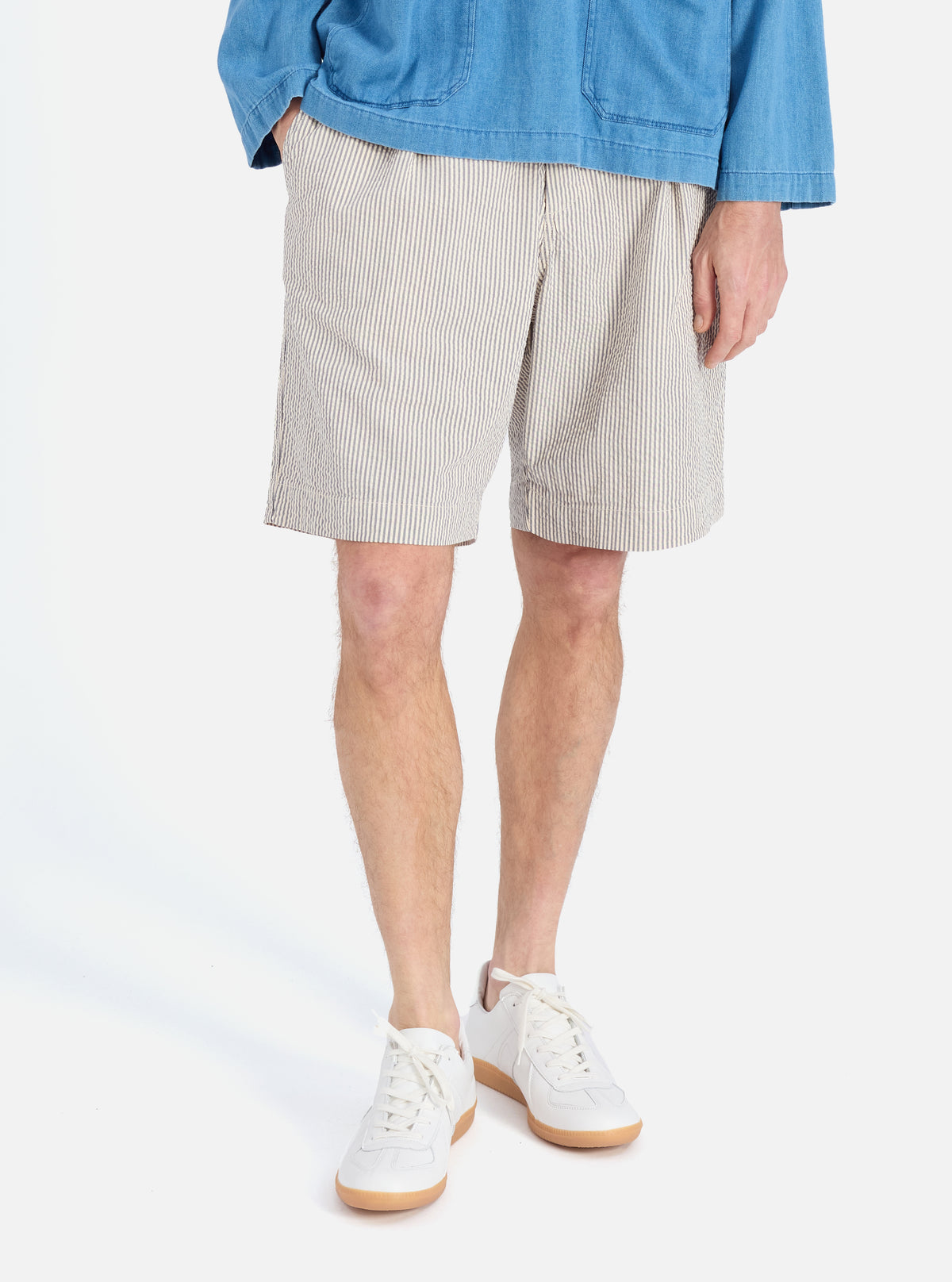 Universal Works Pleated Track Short in Grey Derby Stripe