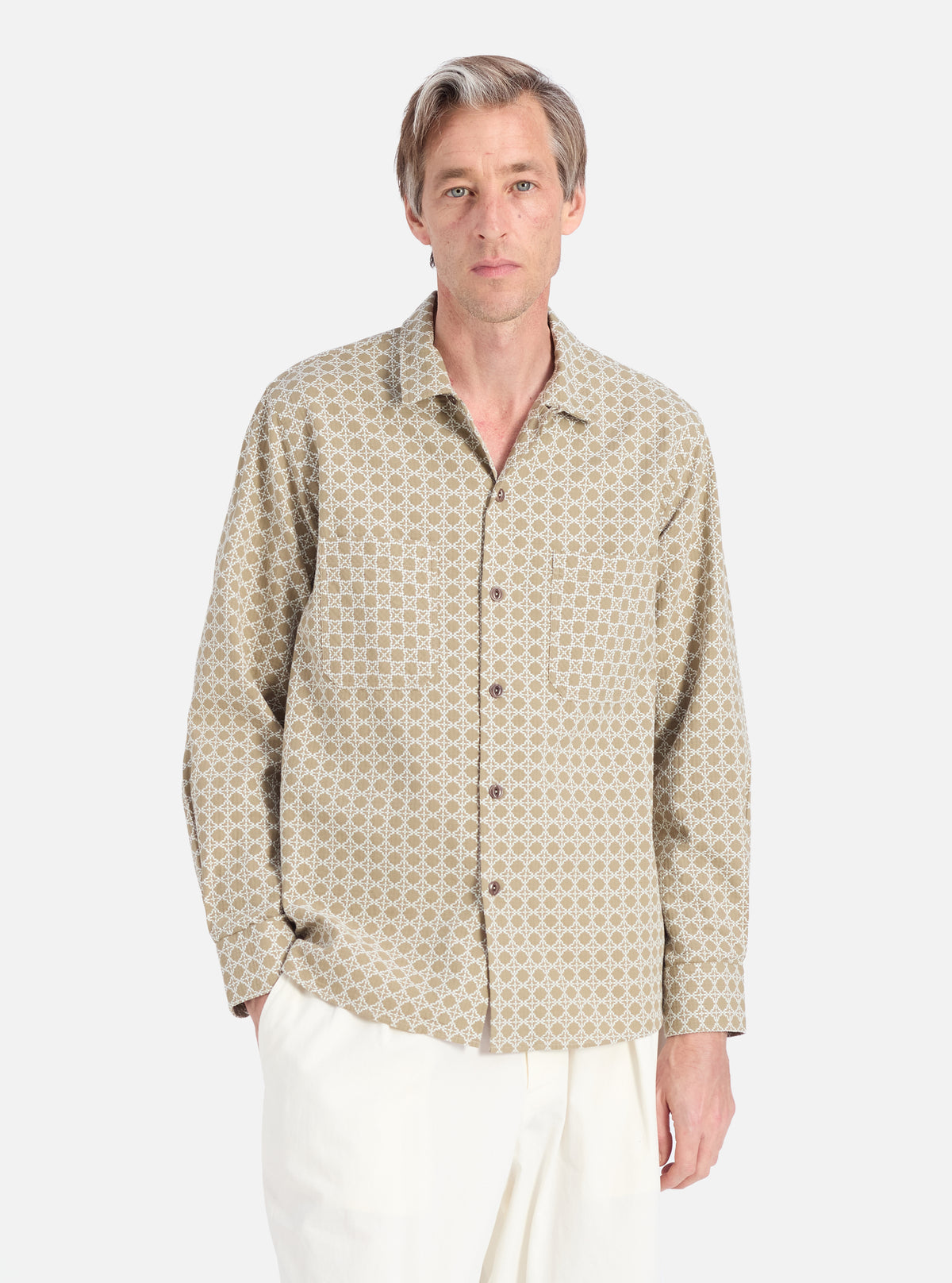Universal Works Work Shirt in Sand/White Rhodes Cotton
