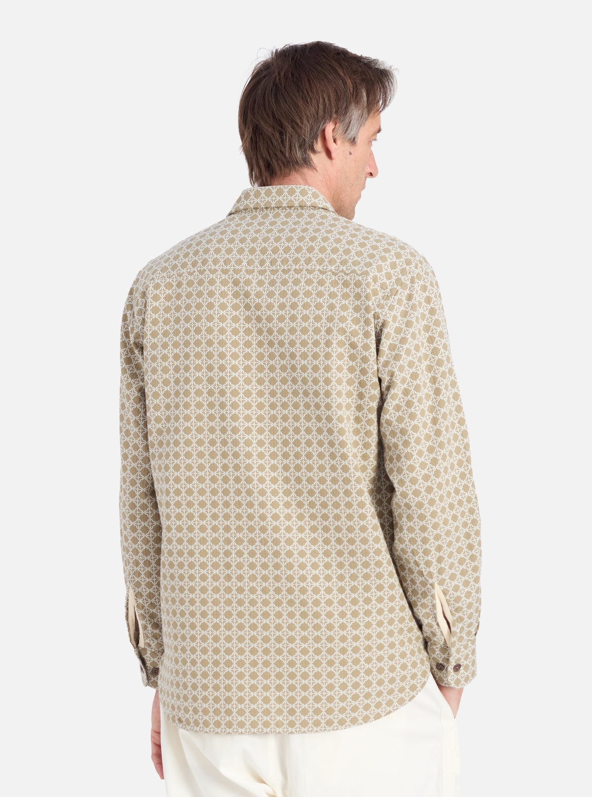 Universal Works Work Shirt in Sand/White Rhodes Cotton