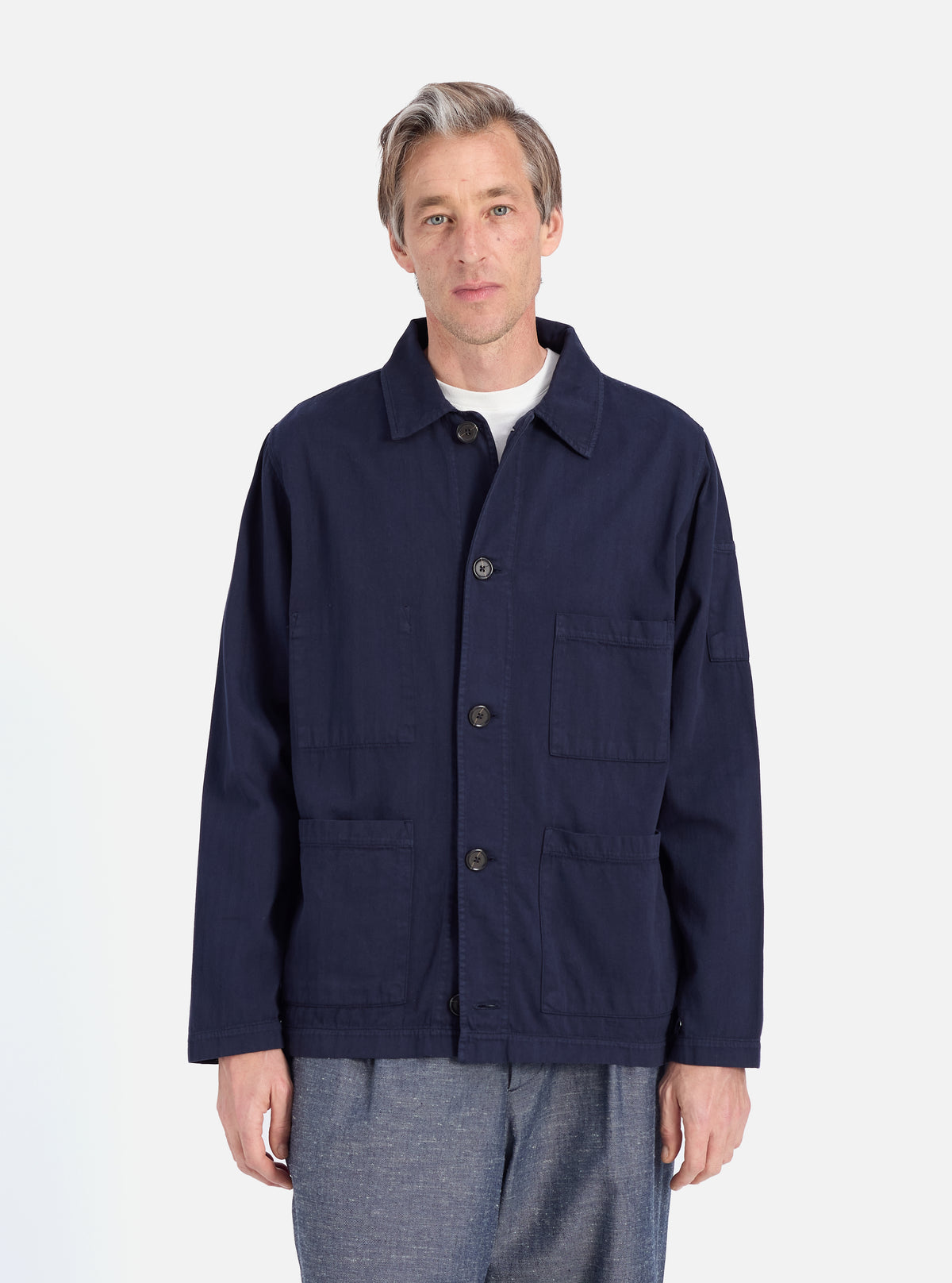 Universal Works Coverall Jacket in Dark Navy Herringbone Cotton