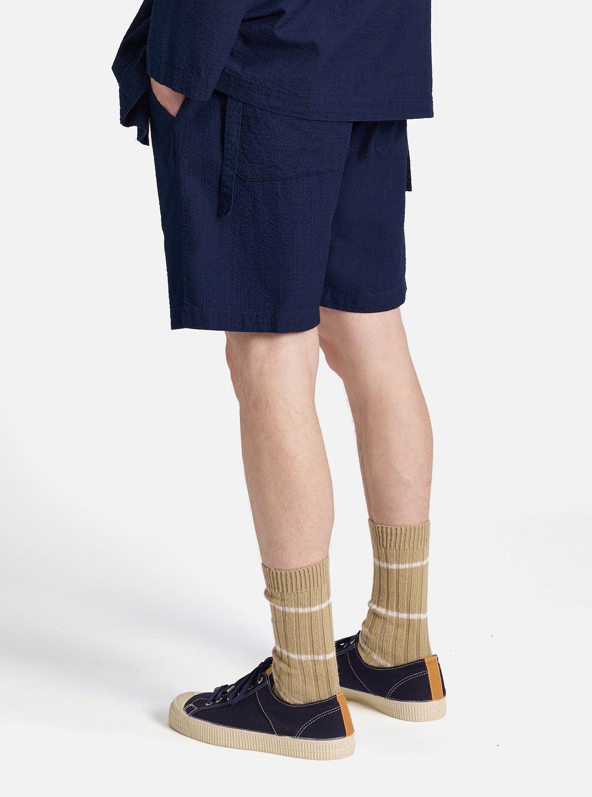 Universal Works Simple Short in Washed Indigo Seersucker