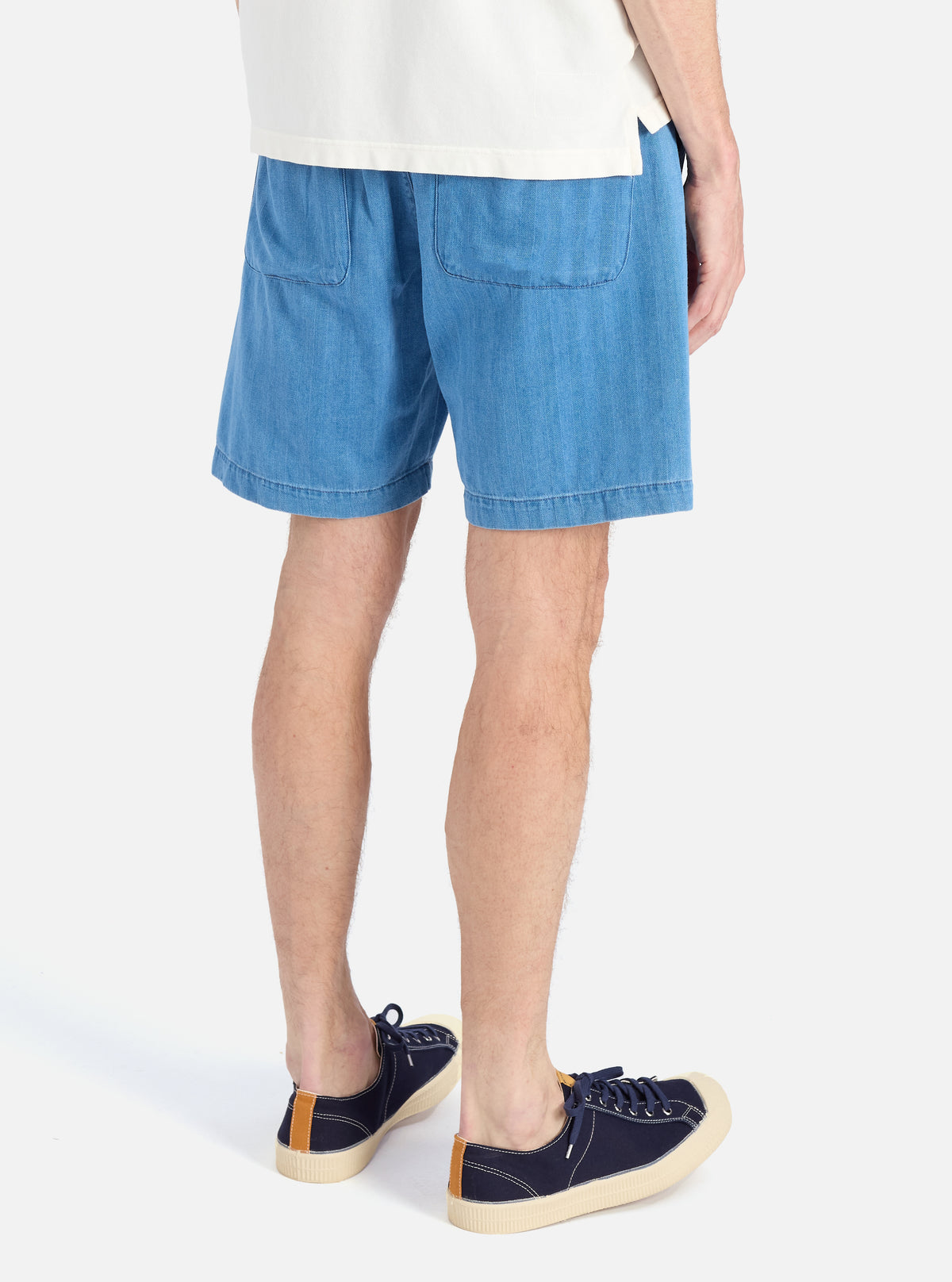 Universal Works Simple Short in Washed Indigo Herringbone Denim