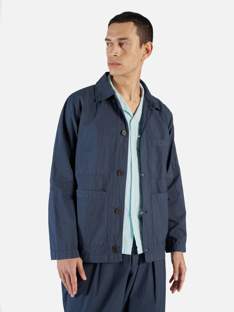 Universal Works Coverall Jacket in Navy Nearly Pinstripe