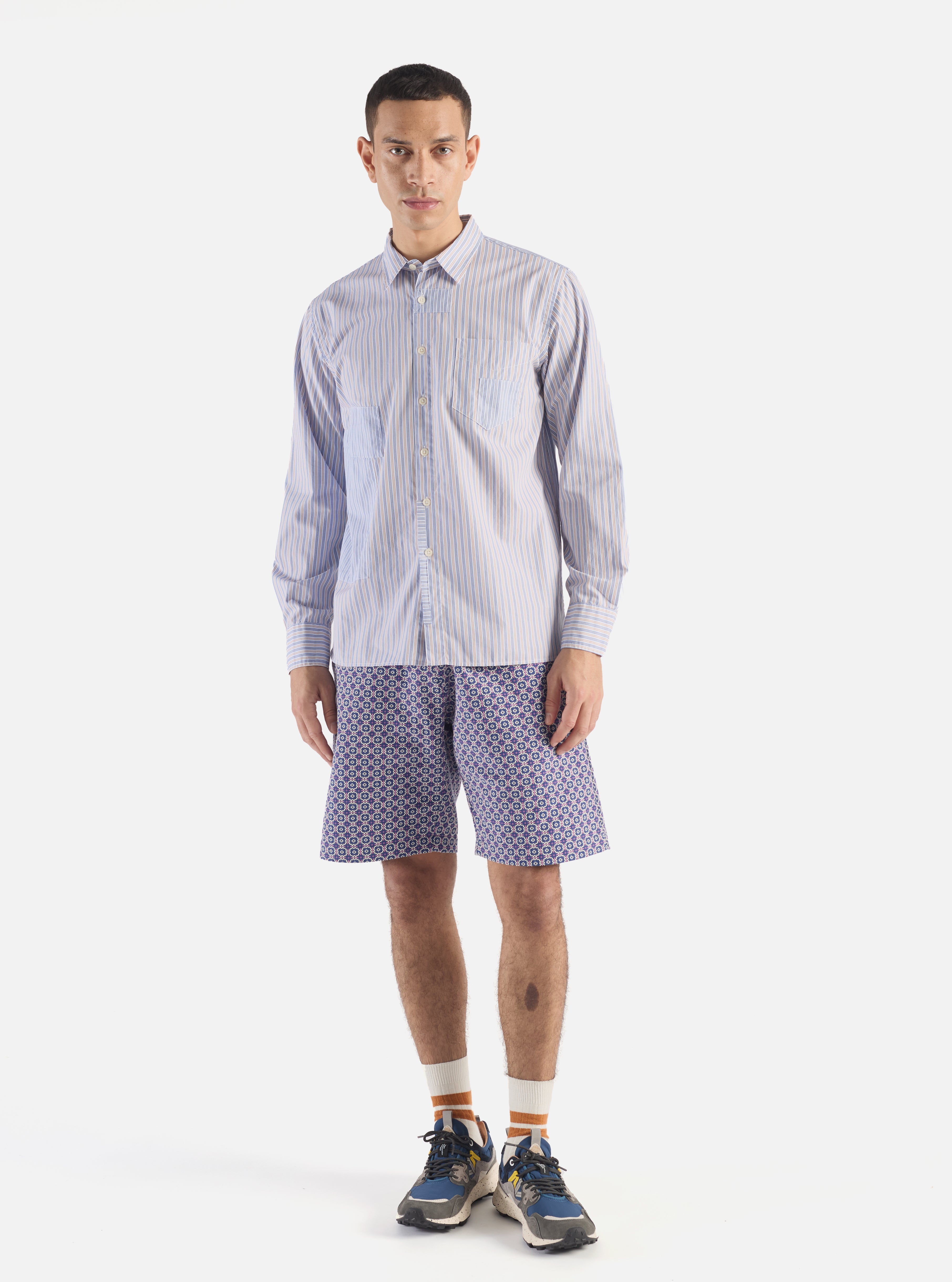 Universal Works Patched Shirt in Blue Busy Stripe Cotton