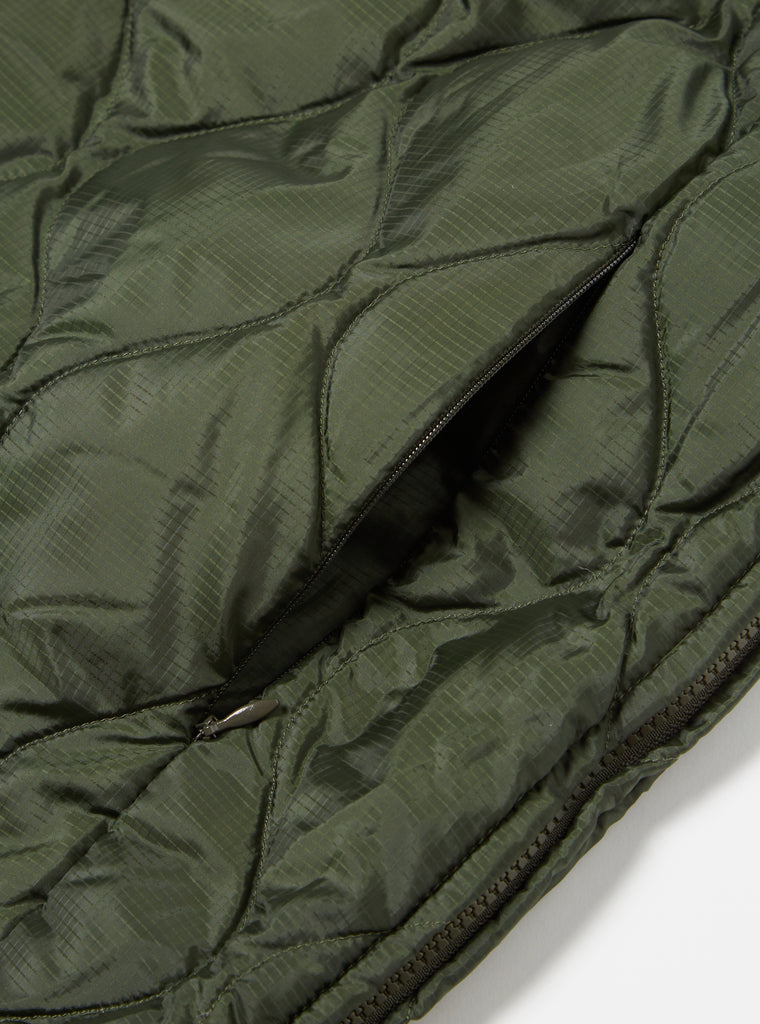 Taion by F/CE. Packable Down Vest in Olive Nylon Ripstop/Duck Down