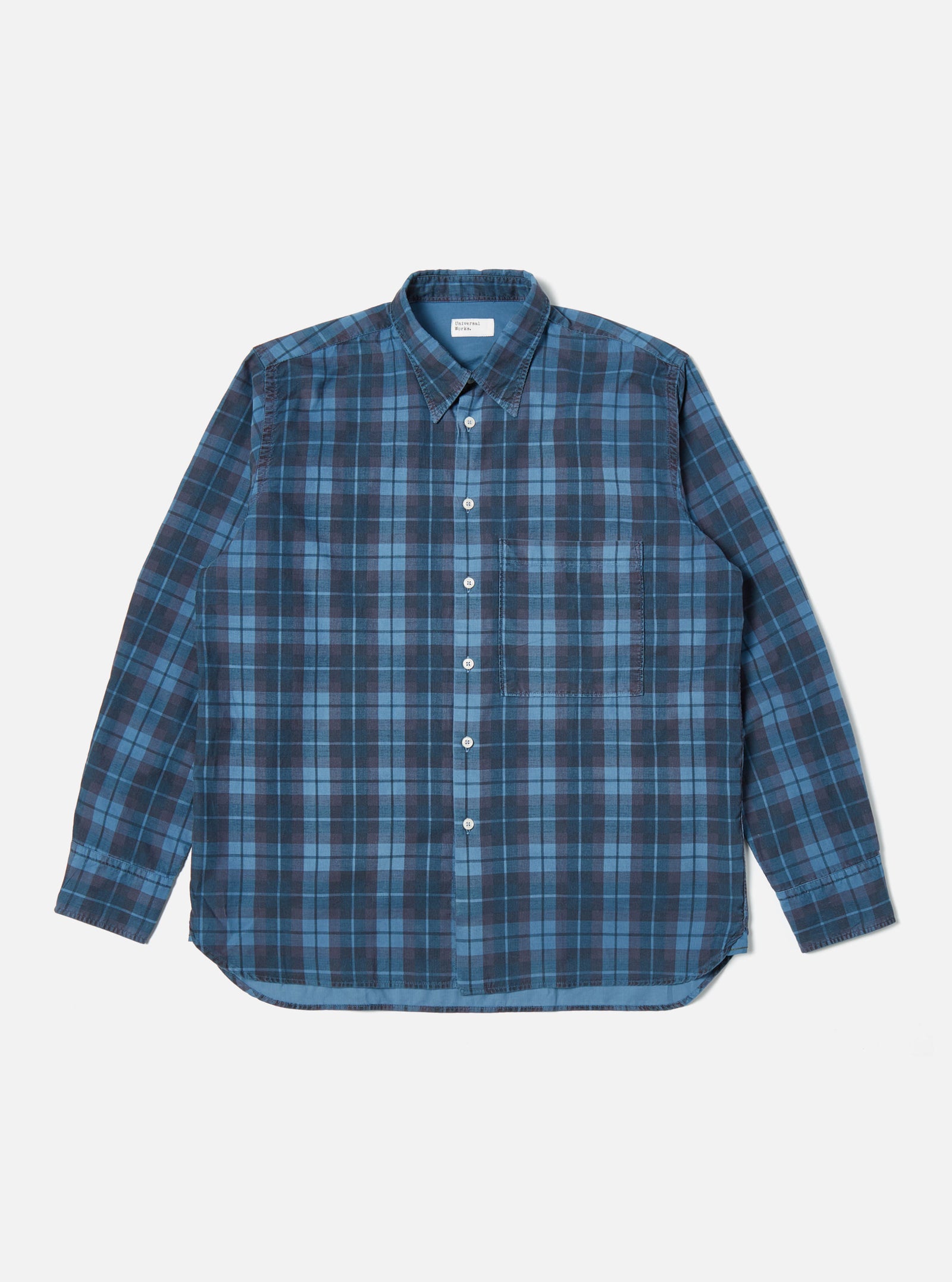Universal Works Square Pocket Shirt in Blue Check Cord