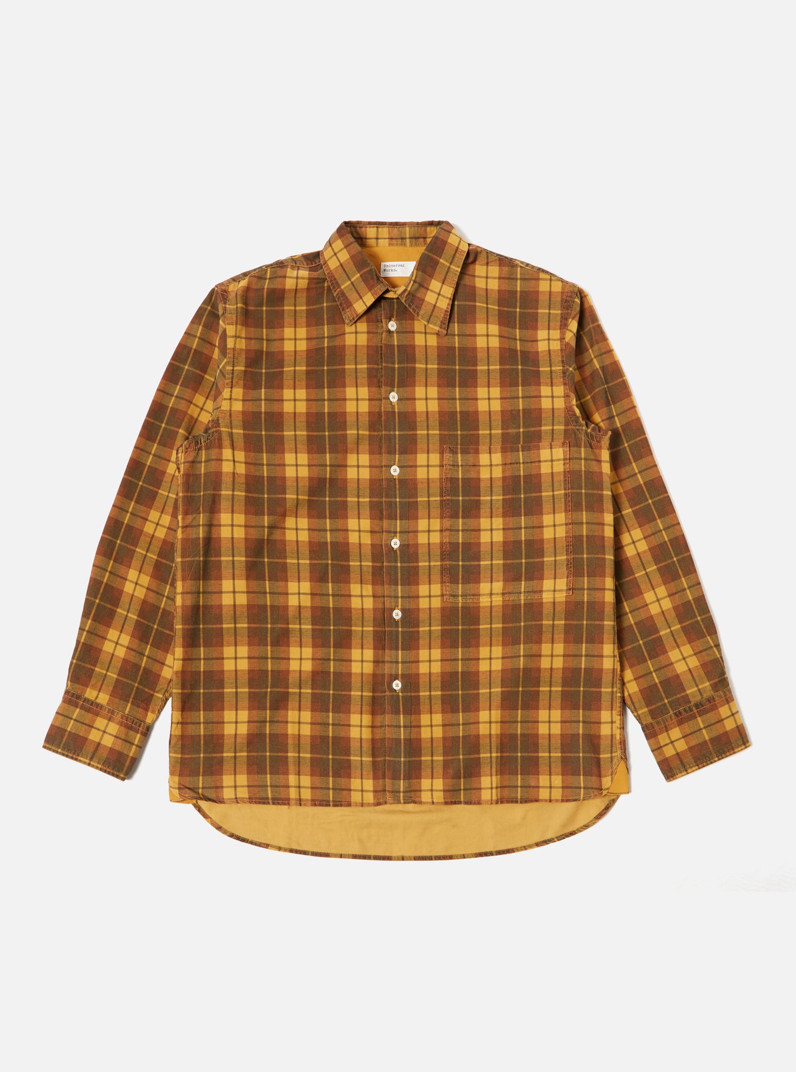 Universal Works Square Pocket Shirt in Mustard Check Cord