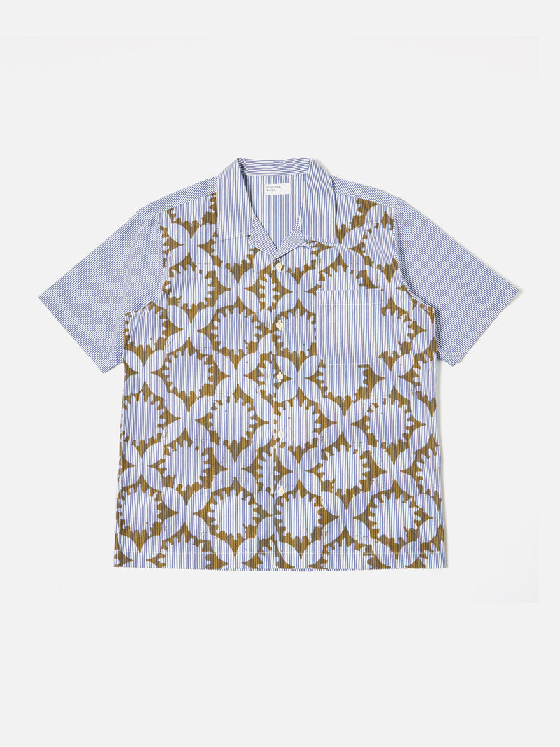 Universal Works Road Shirt in Gold/Blue Sun Print Stripe