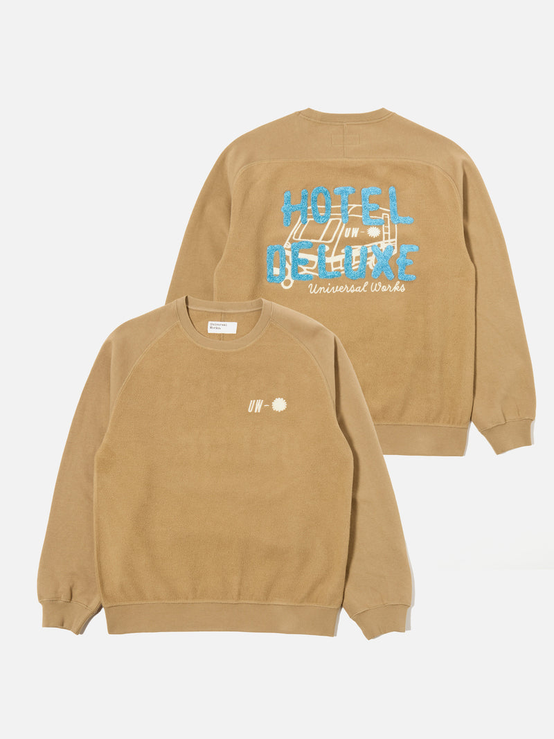 Universal Works Crew Sweat in Sand 'Hotel Deluxe' Embroidered Brush Back
