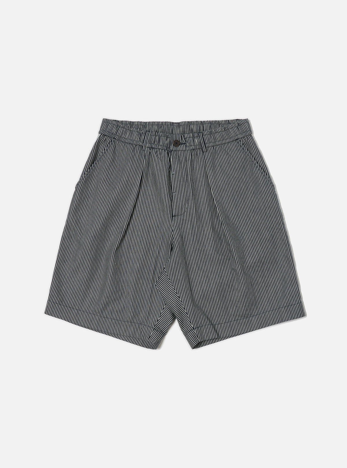 Universal Works Pleated Track Short in Indigo Hickory Stripe Denim