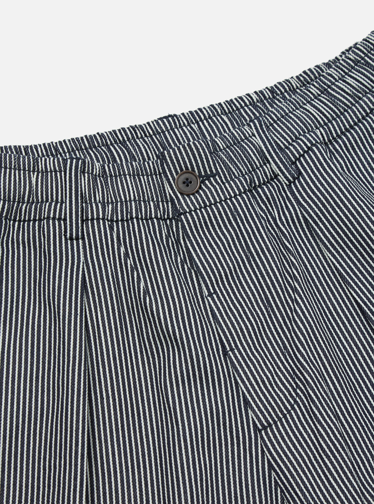 Universal Works Pleated Track Short in Indigo Hickory Stripe Denim