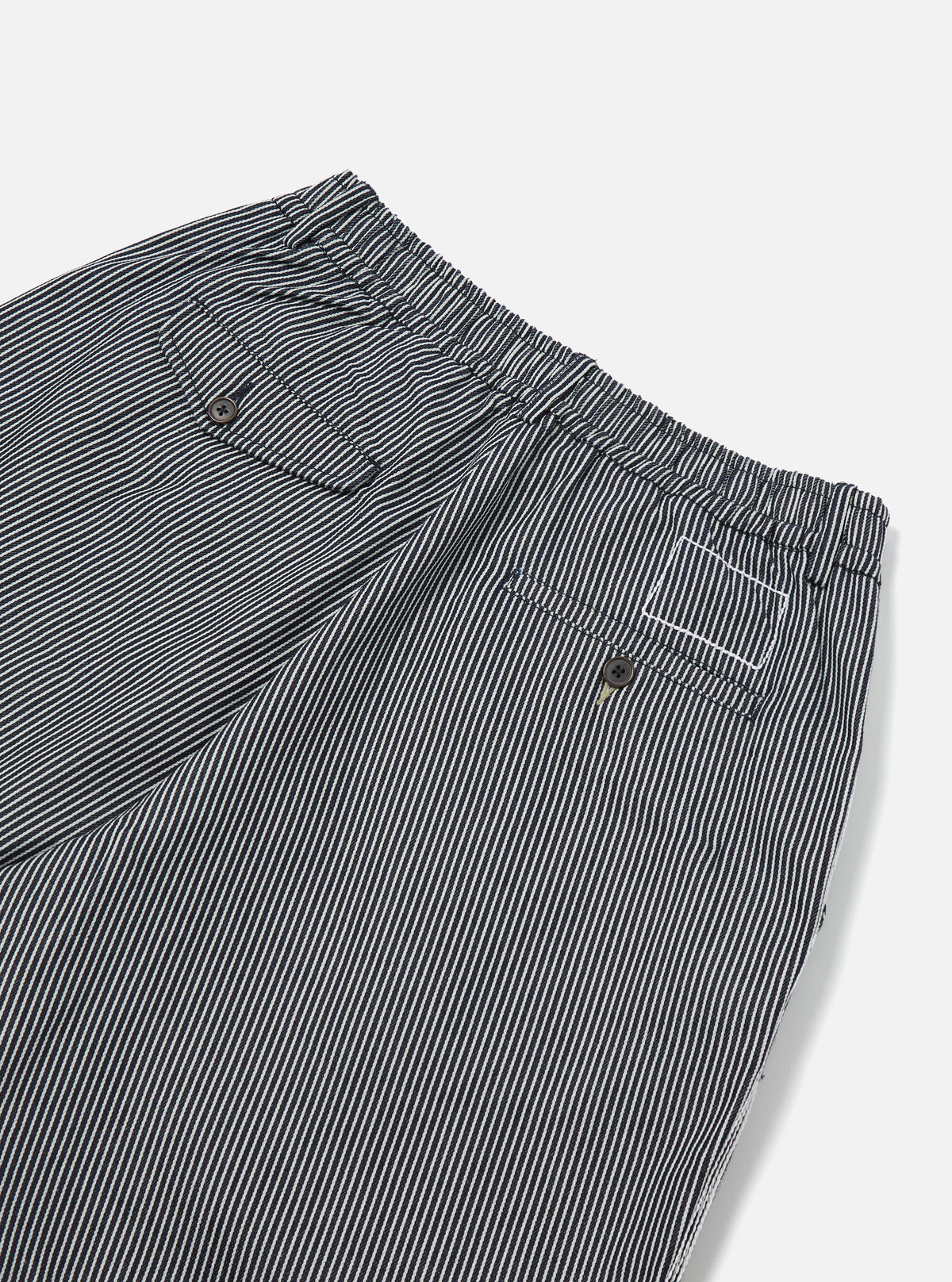 Universal Works Pleated Track Short in Indigo Hickory Stripe Denim