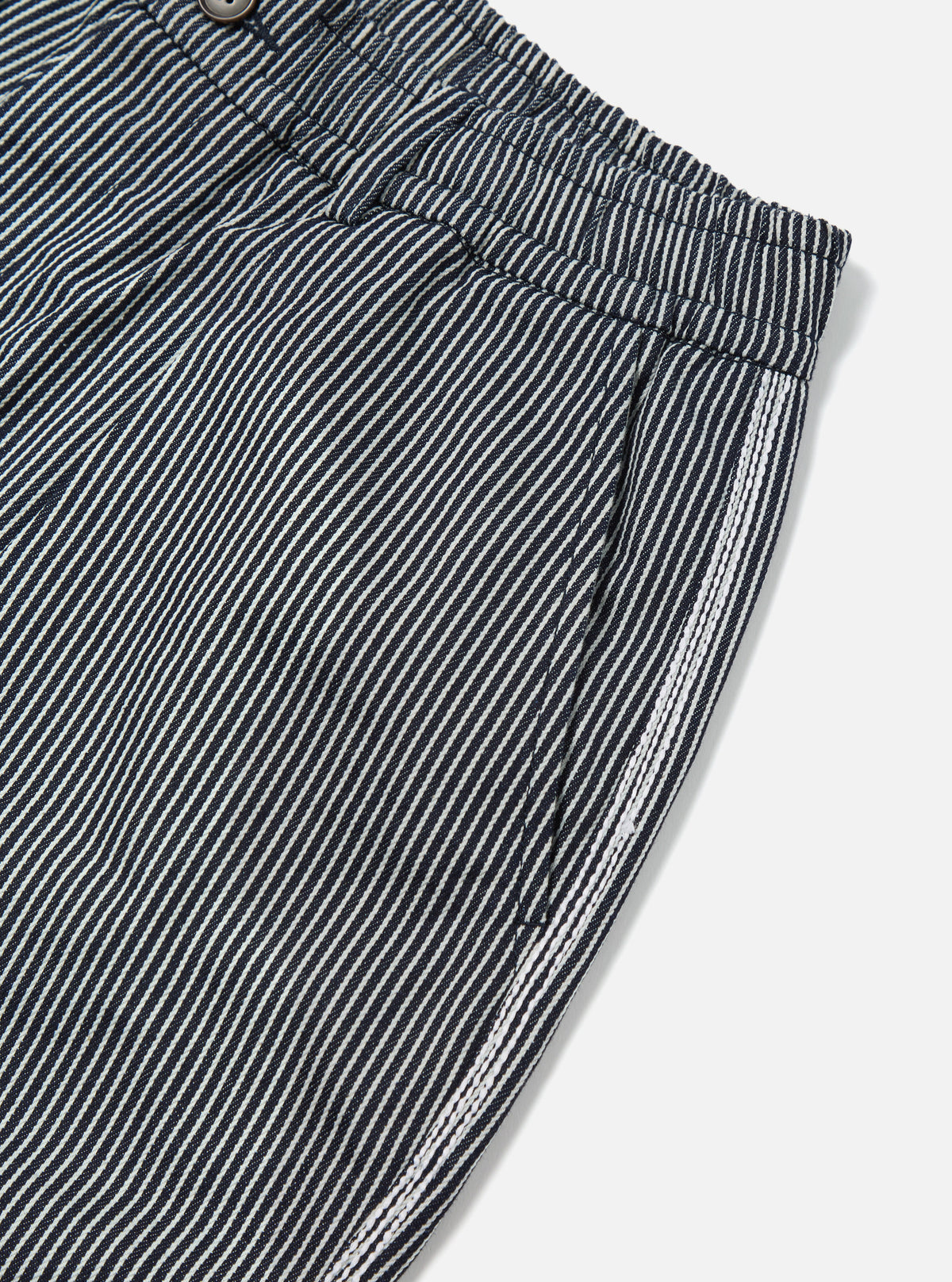 Universal Works Pleated Track Short in Indigo Hickory Stripe Denim