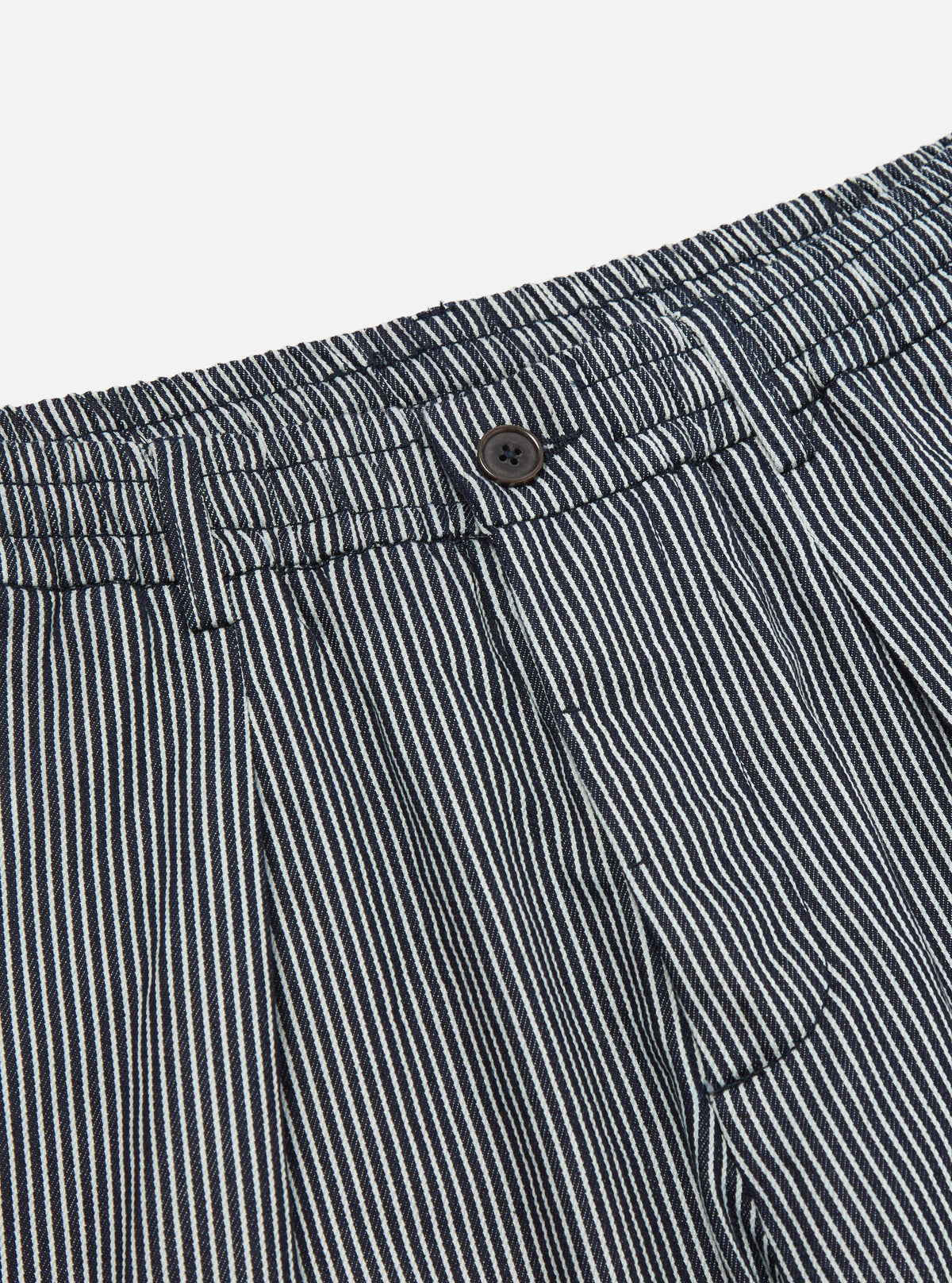 Universal Works Pleated Track Pant in Indigo Hickory Stripe Denim