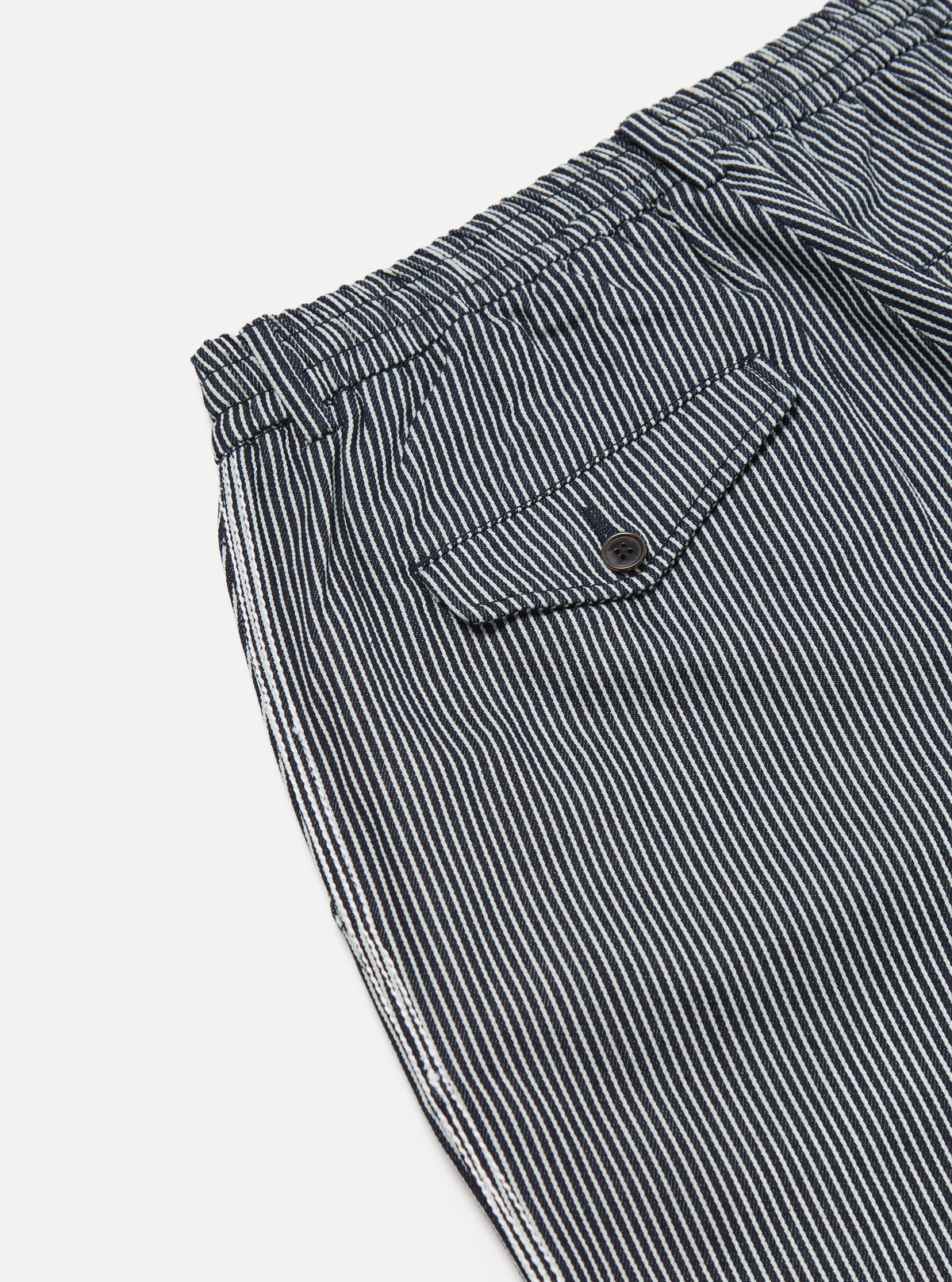 Universal Works Pleated Track Pant in Indigo Hickory Stripe Denim