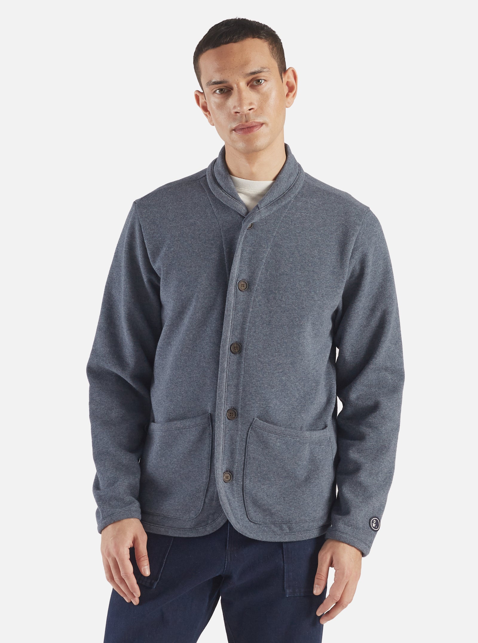 Universal Works Lancaster Jacket in Navy Recycled Cotton Blend Jersey