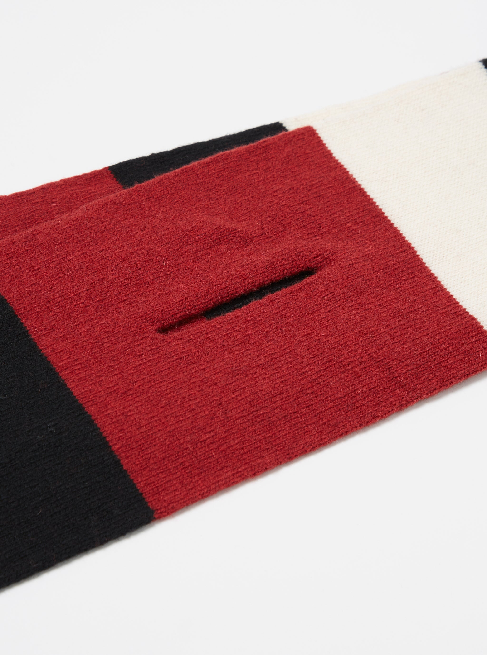 Universal Works Deluxe Football Scarf in Black/Red/Ecru Soft Wool