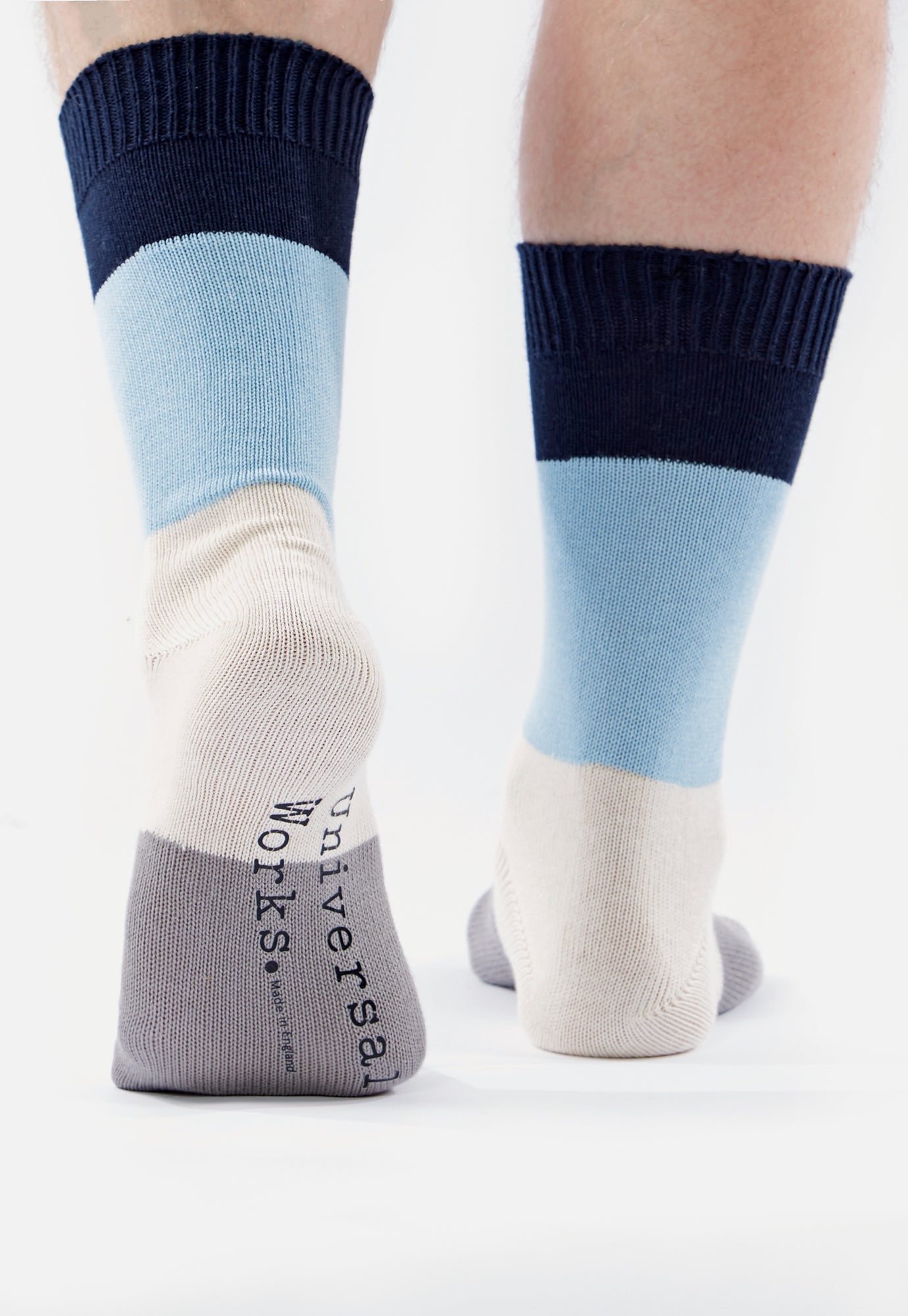 Universal Works Bold Stripe Sock in Navy/Sky Cotton