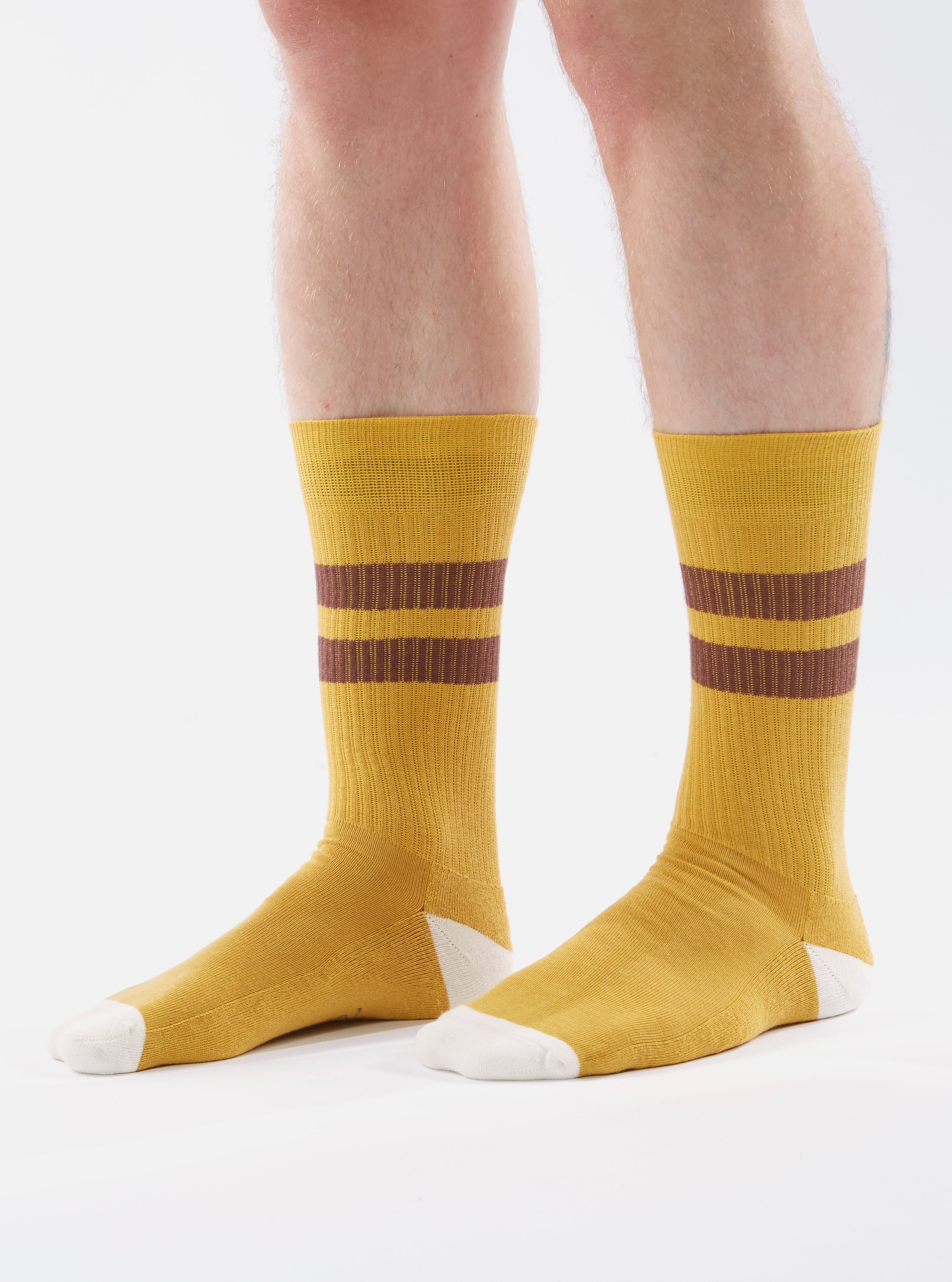 Universal Works Sport Sock in Yellow/Raisin Cotton Rib