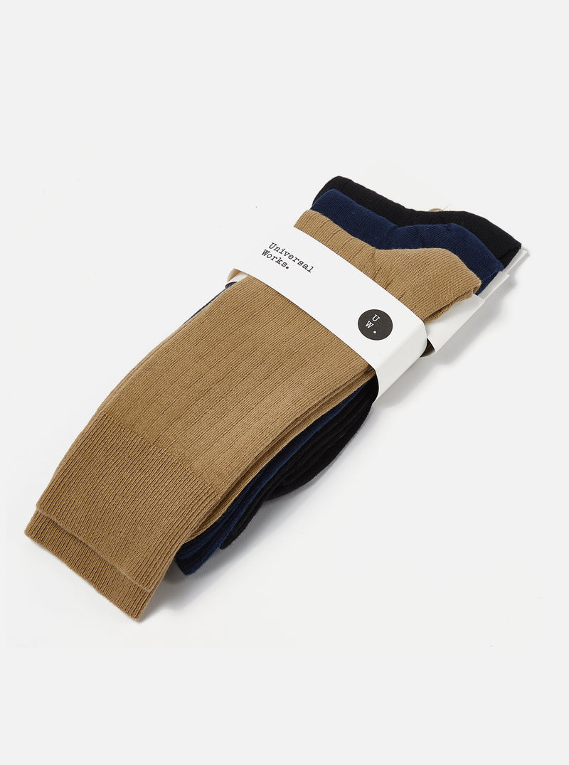 Universal Works 3 Pack Modal Sock in Black/Navy/Cumin Rib Knit
