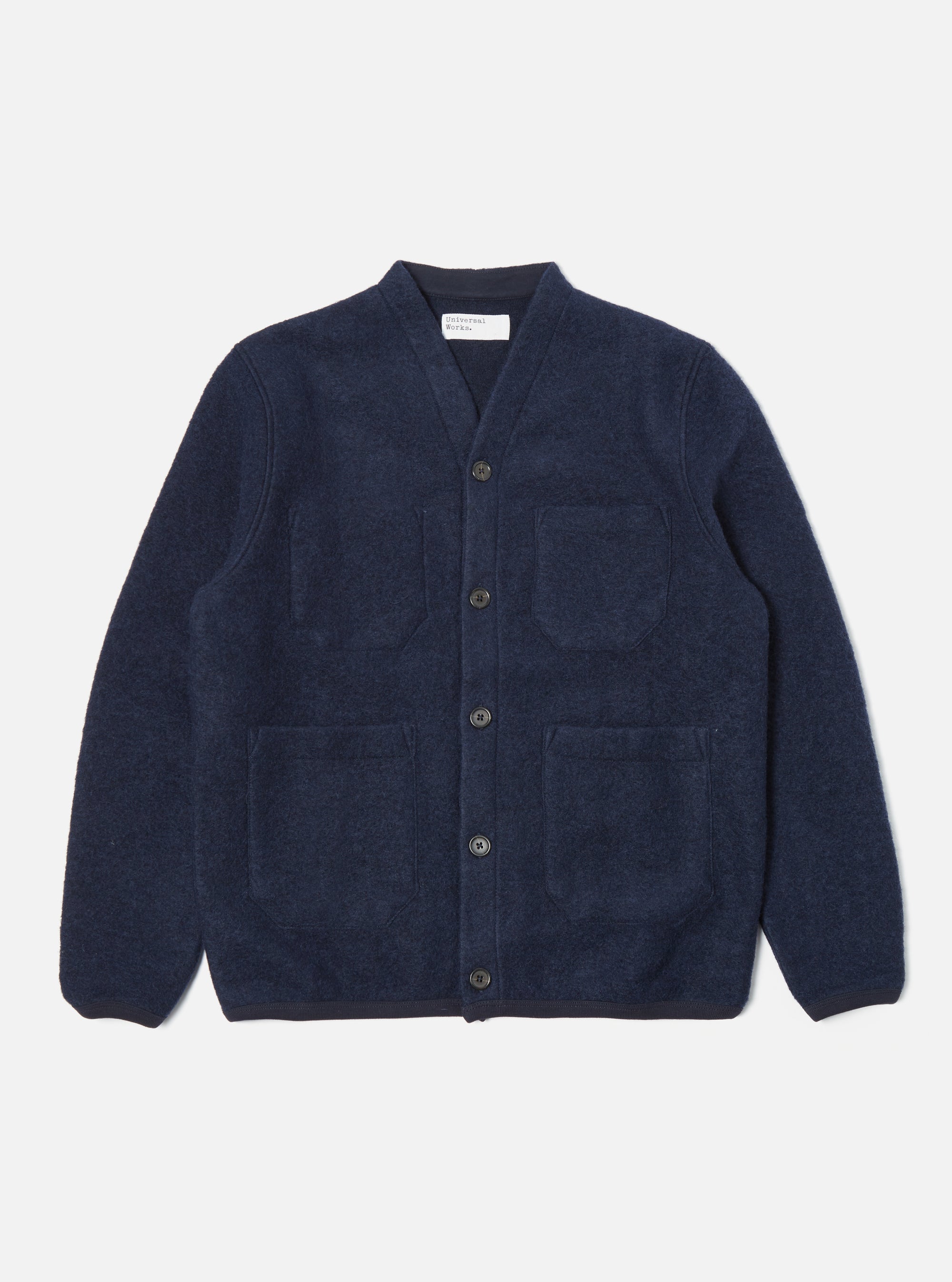 Universal Works Cardigan in Navy Wool Fleece