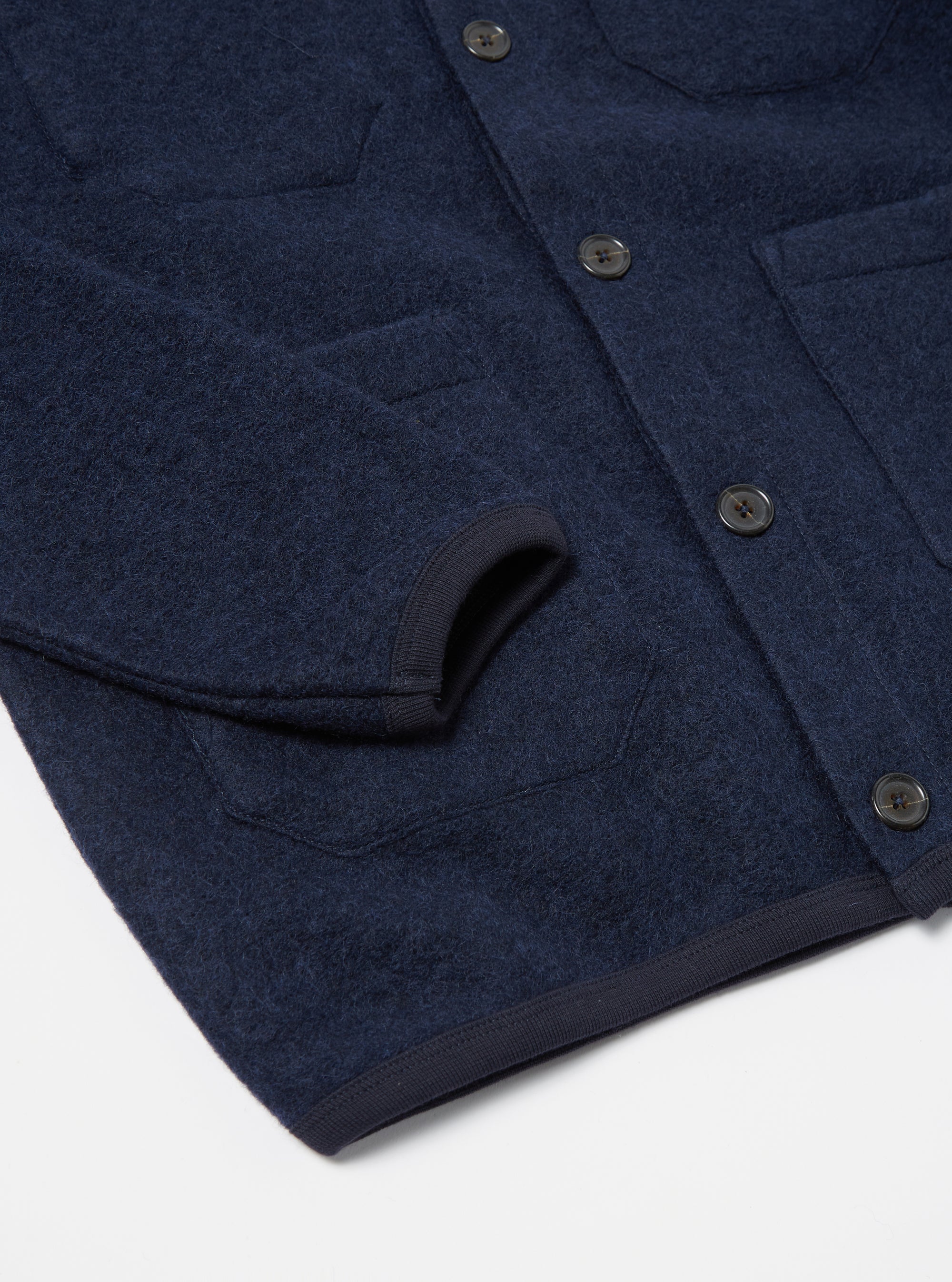 Universal Works Cardigan in Navy Wool Fleece