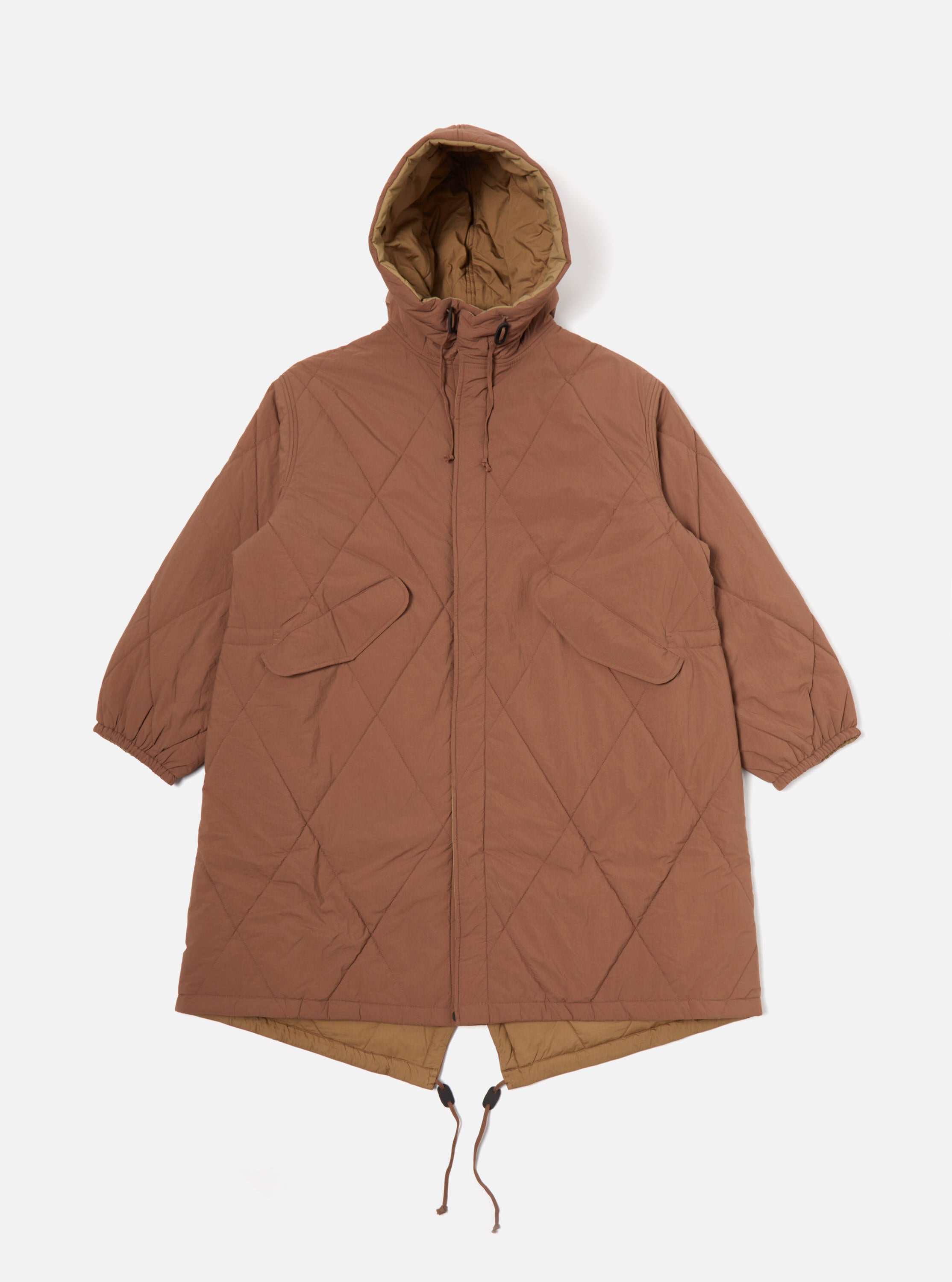 Universal Works Diamond Quilt Parka in Brown Recycled Nylon