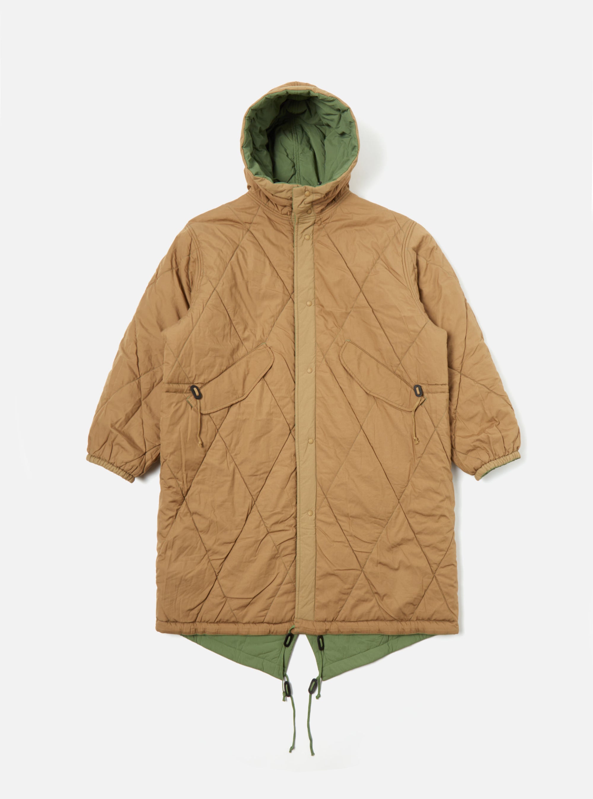 Universal Works Diamond Quilt Parka in Green Recycled Nylon