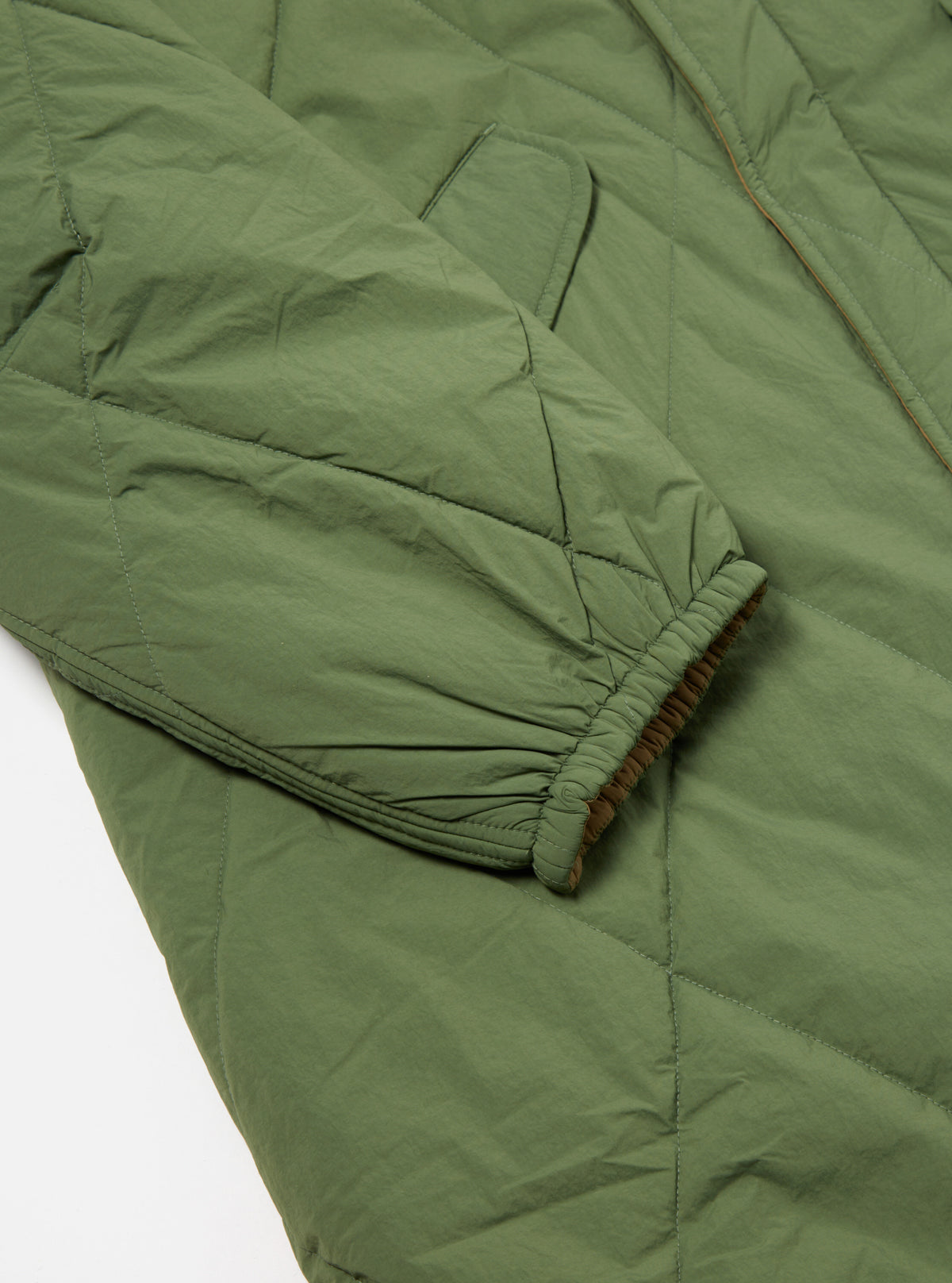 Universal Works Diamond Quilt Parka in Green Recycled Nylon