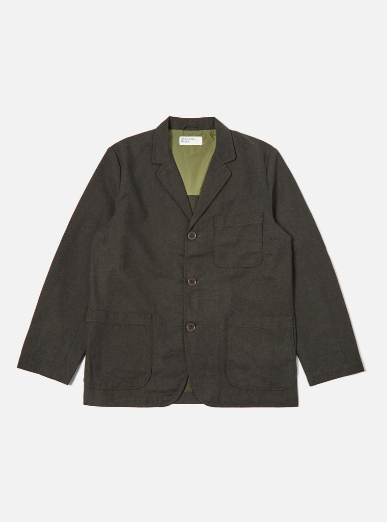 Universal Works Three Button Jacket in Olive Upcycled Italian Tweed