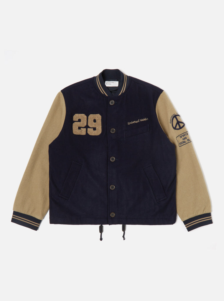 Universal Works Embroidered Newark Bomber in Navy/Sand Mowbray
