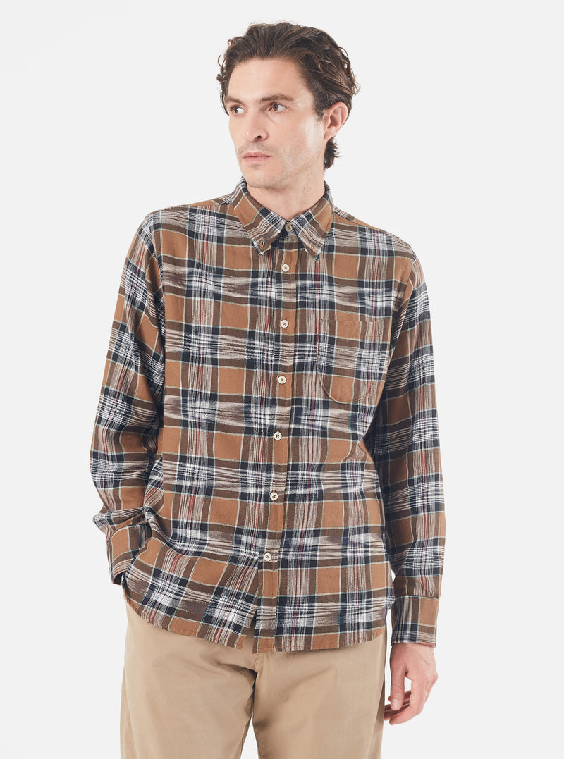 Universal Works Daybrook Shirt in Brown Ikat Twill Check