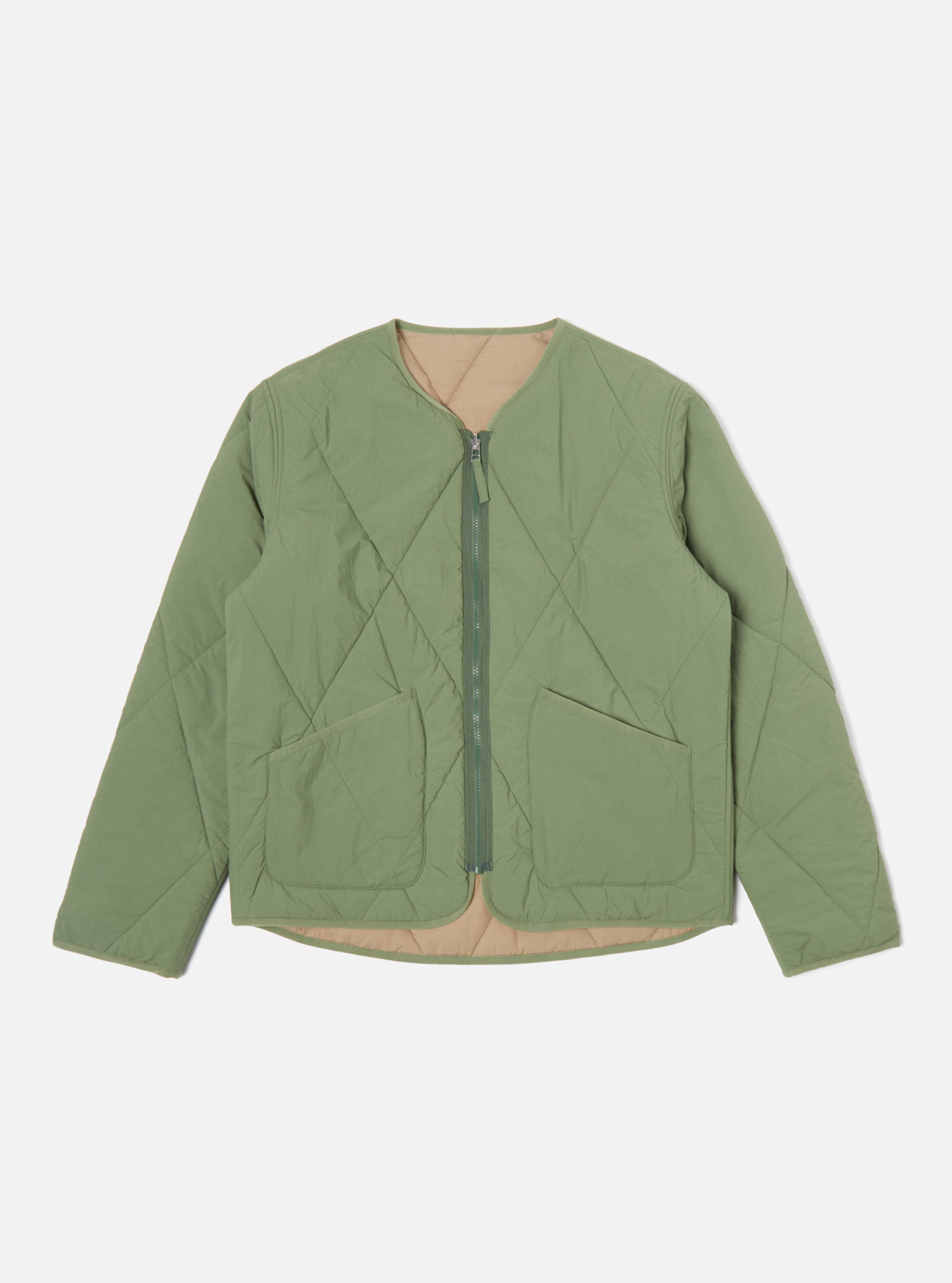 Universal Works Reversible Military Liner Jacket in Green/Sand Diamond
