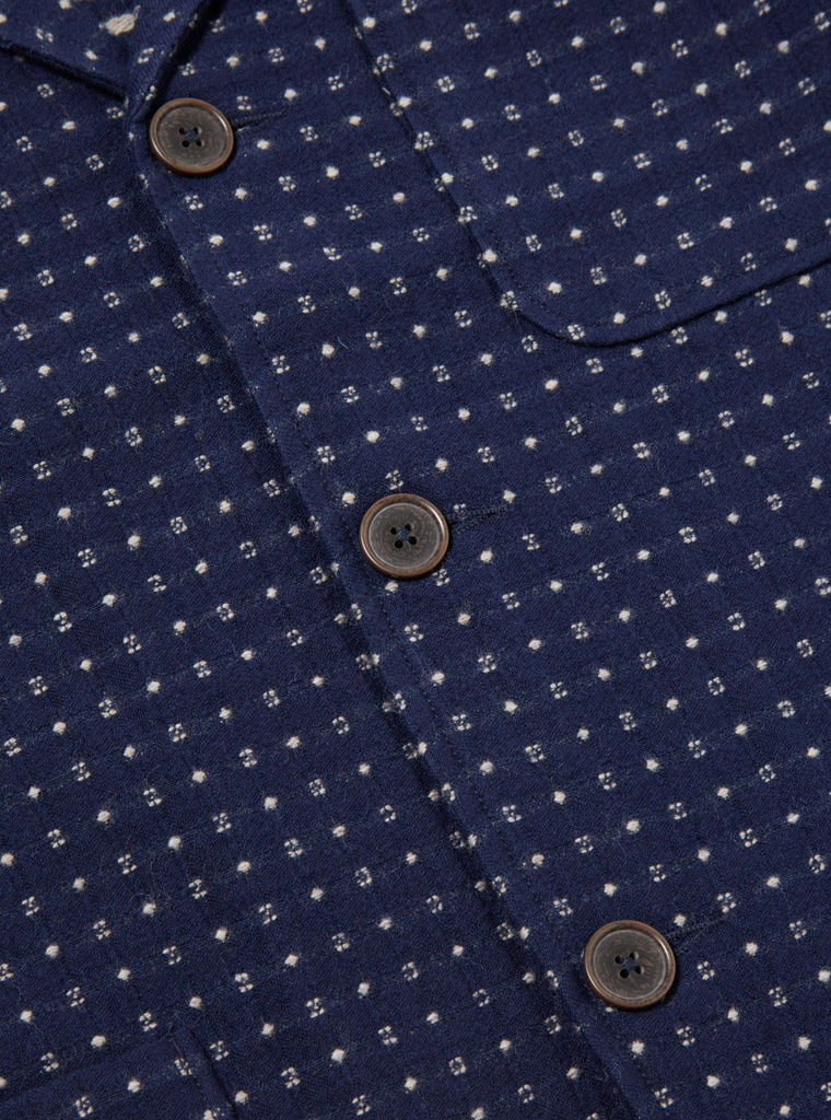 Universal Works Three Button Jacket in Indigo Shingora Dot