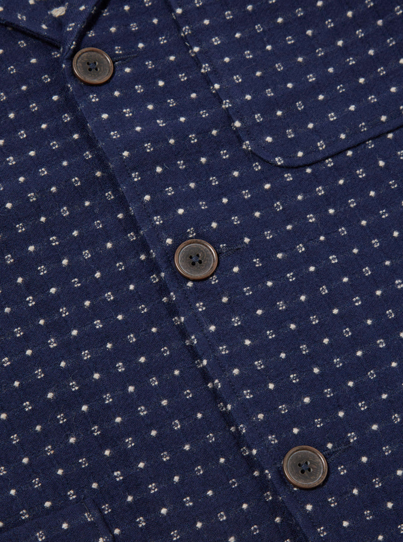 Universal Works Three Button Jacket in Indigo Shingora Dot