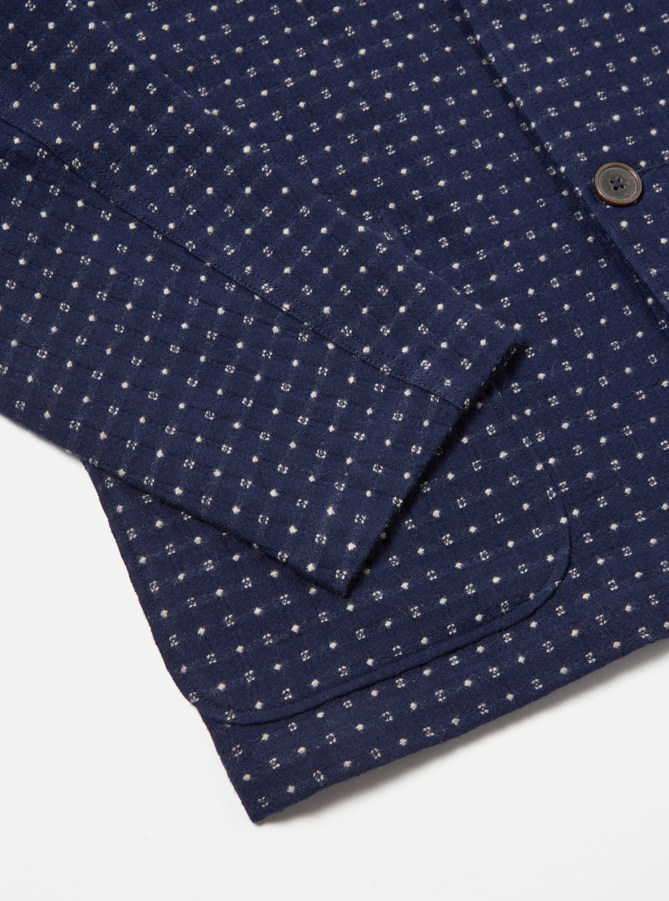 Universal Works Three Button Jacket in Indigo Shingora Dot