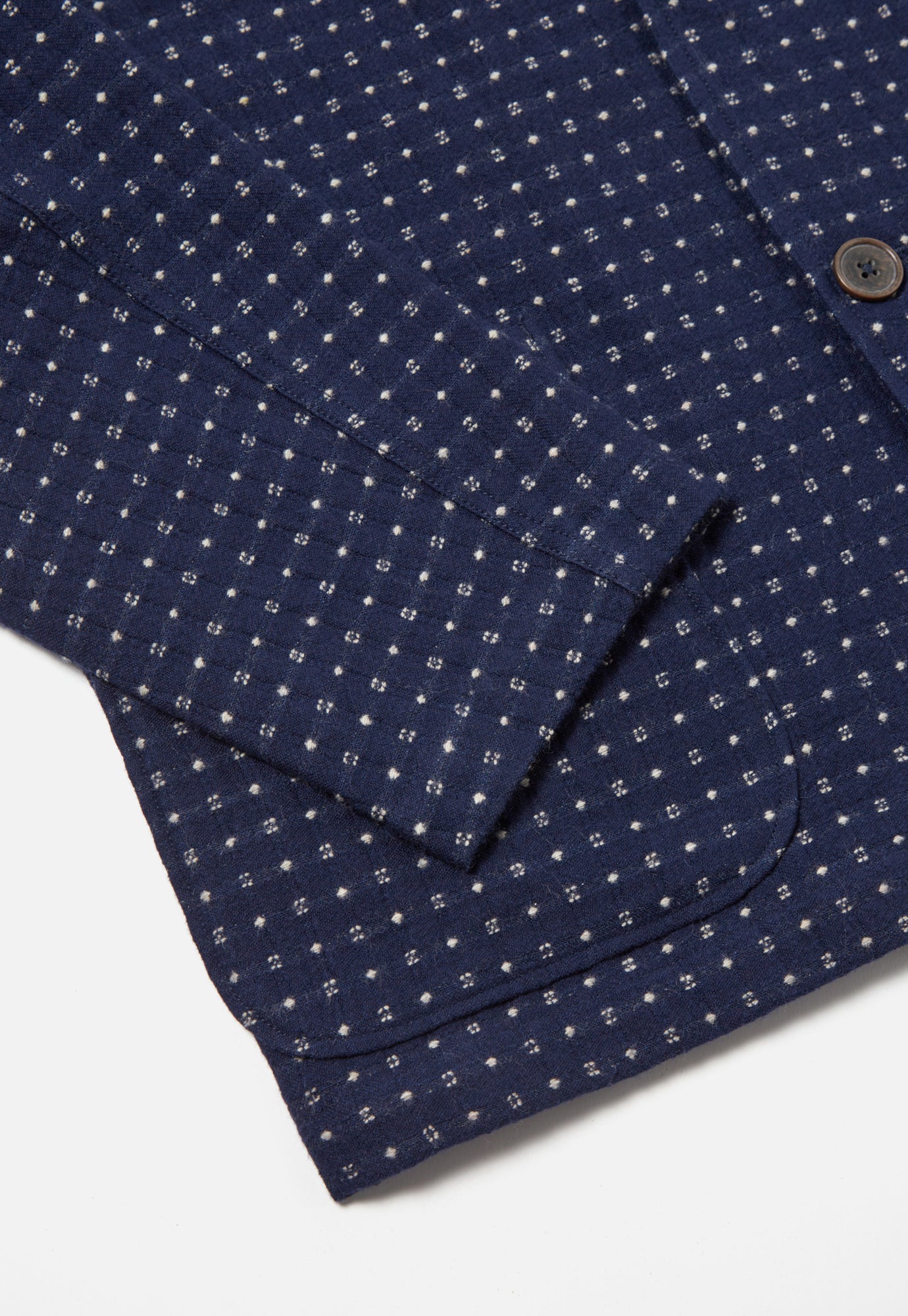 Universal Works Three Button Jacket in Indigo Shingora Dot