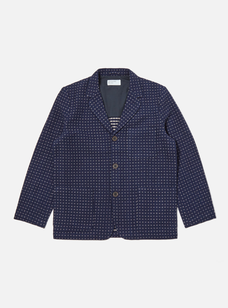 Universal Works Three Button Jacket in Indigo Shingora Dot
