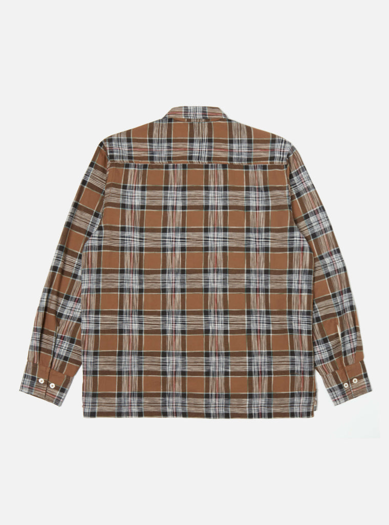 Universal Works Pullover L/S Shirt in Brown Ikat Twill Check
