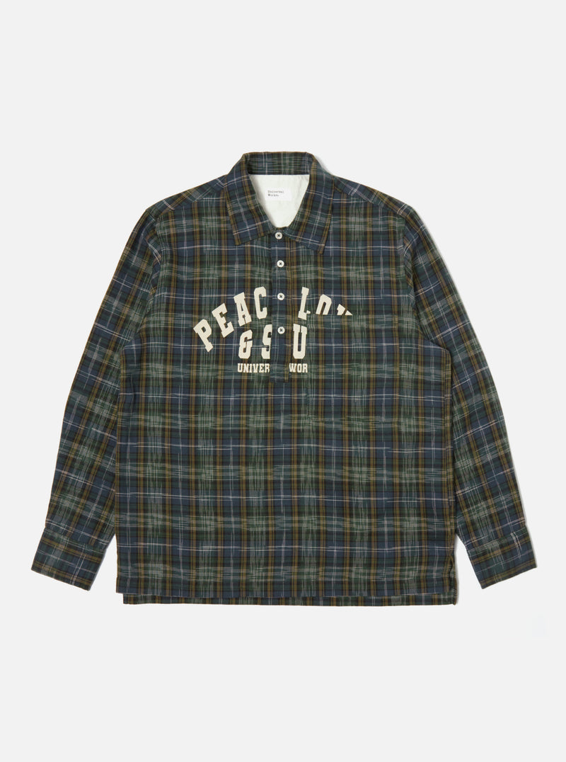 Universal Works Pullover L/S Shirt in Green Ikat Twill Check