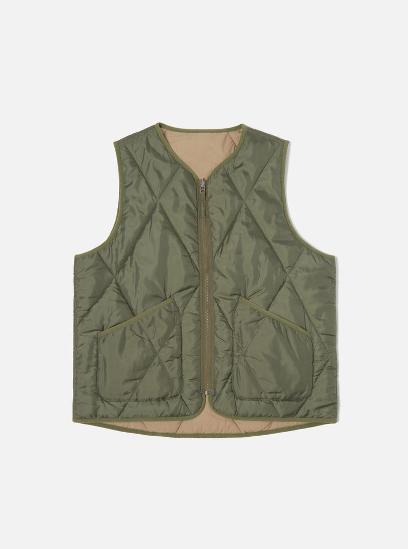 Universal Works Reversible Military Liner Gilet in Olive/Sand Diamond Quilt