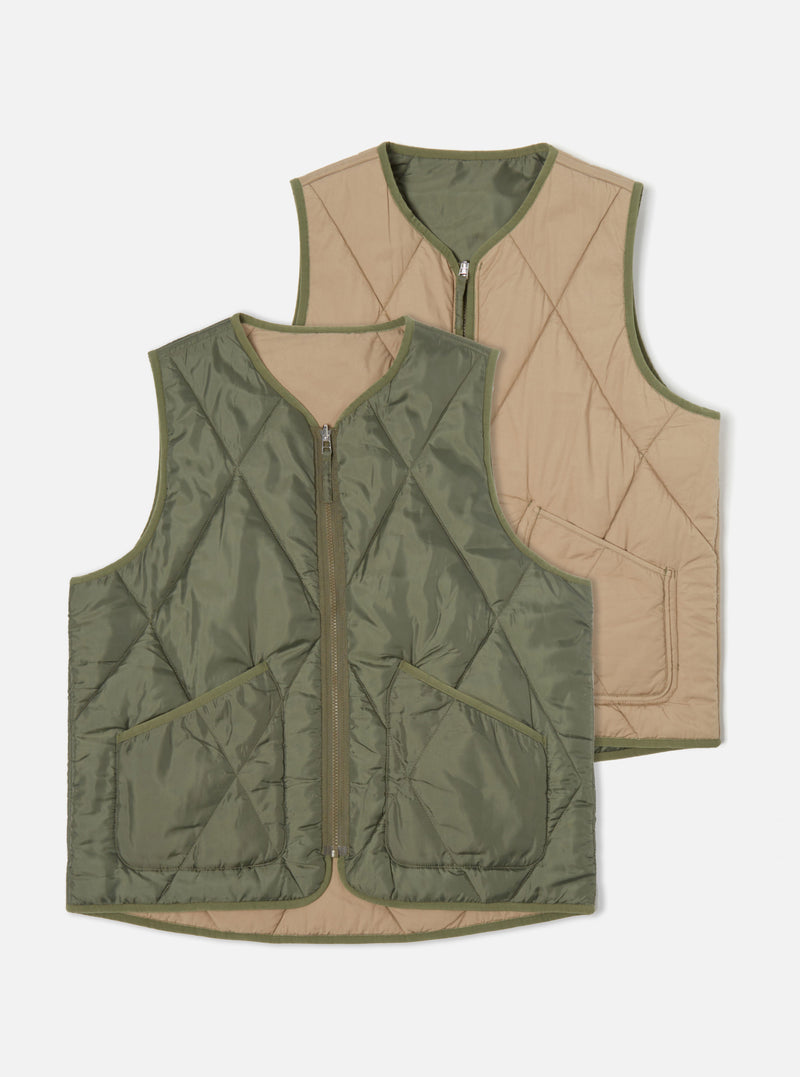 Universal Works Reversible Military Liner Gilet in Olive/Sand Diamond Quilt