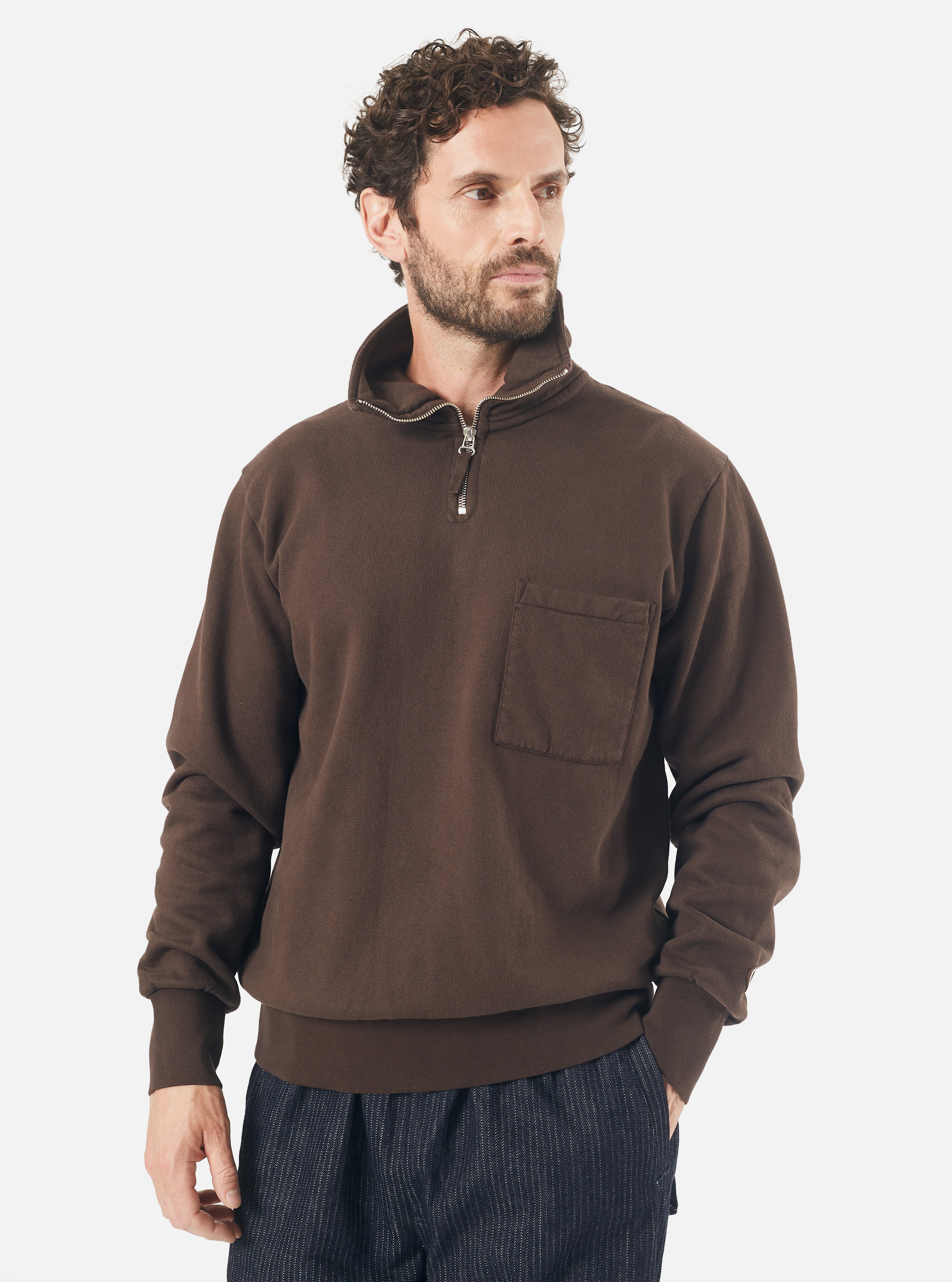 Universal Works Half Zip Sweatshirt in Brown Dry Handle Brushback