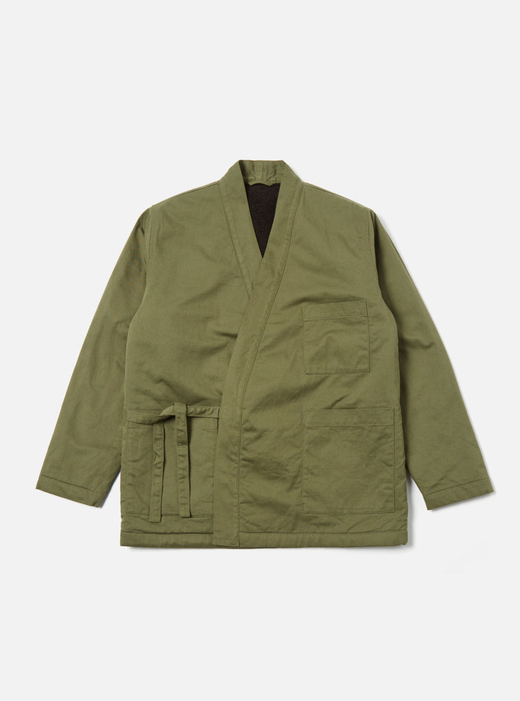 Universal Works Reversible Kyoto Work Jacket in Light Olive Twill/Sherpa