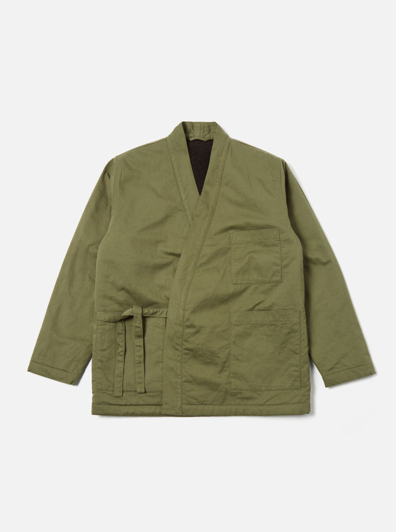 Universal Works Reversible Kyoto Work Jacket in Light Olive Twill/Sherpa