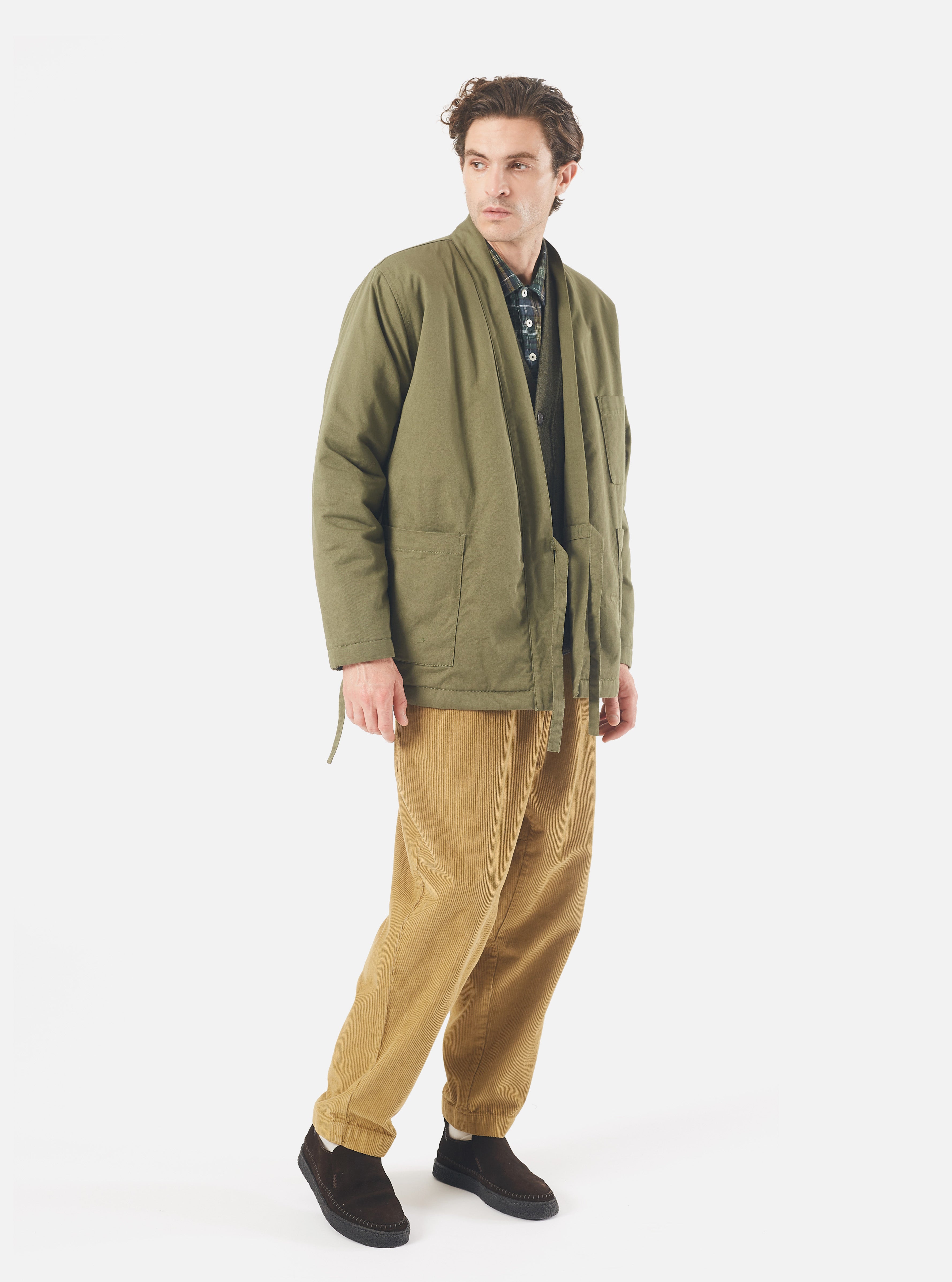 Universal Works Reversible Kyoto Work Jacket in Light Olive Twill/Sherpa